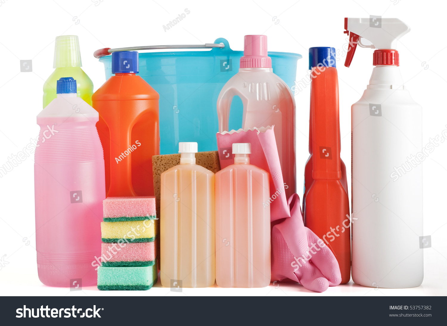 Colored Plastic Detergent Bottles With Bucket, Sponges And Gloves ...