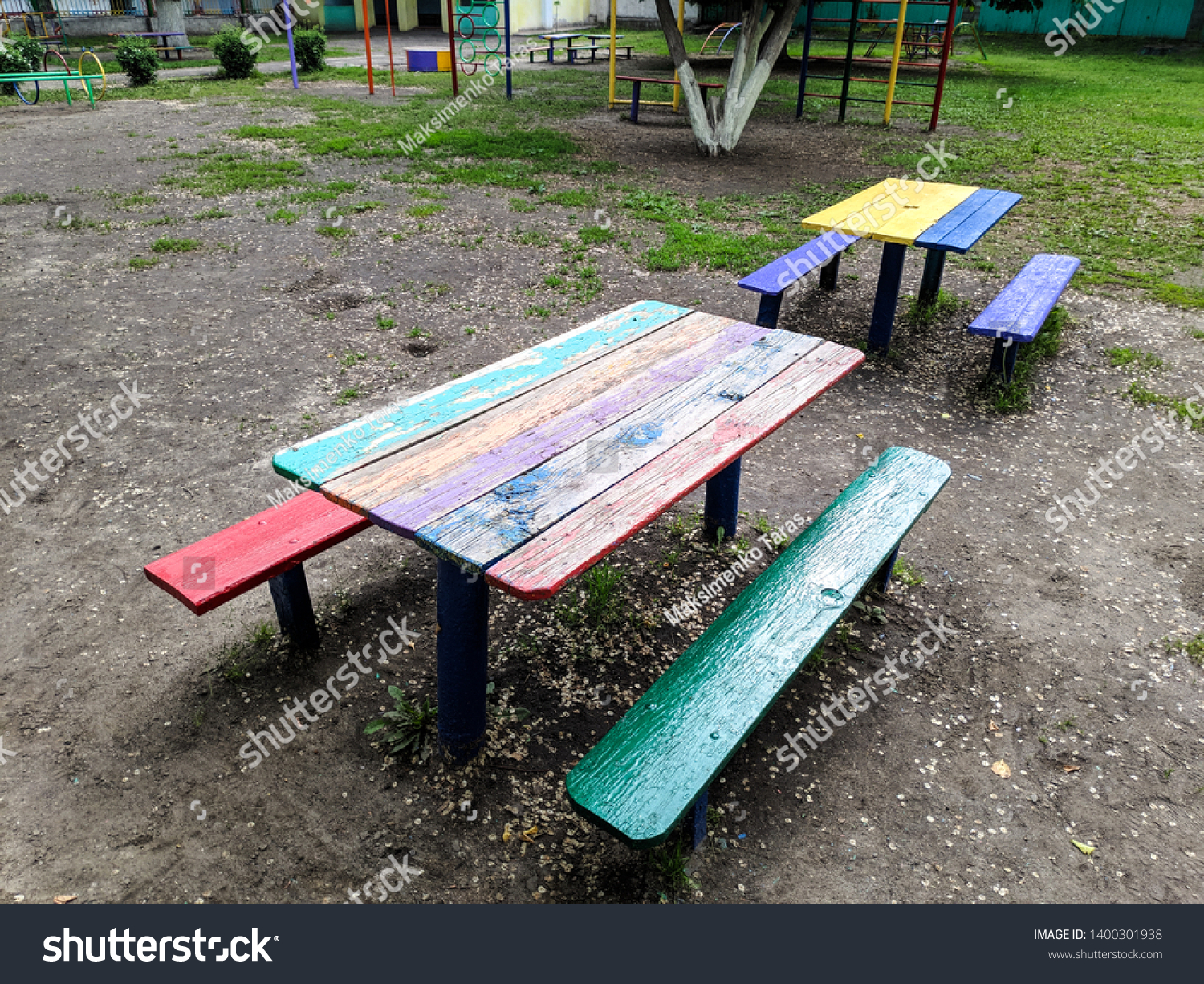 Colored Wooden Furniture Street Benches Table Stock Photo Edit