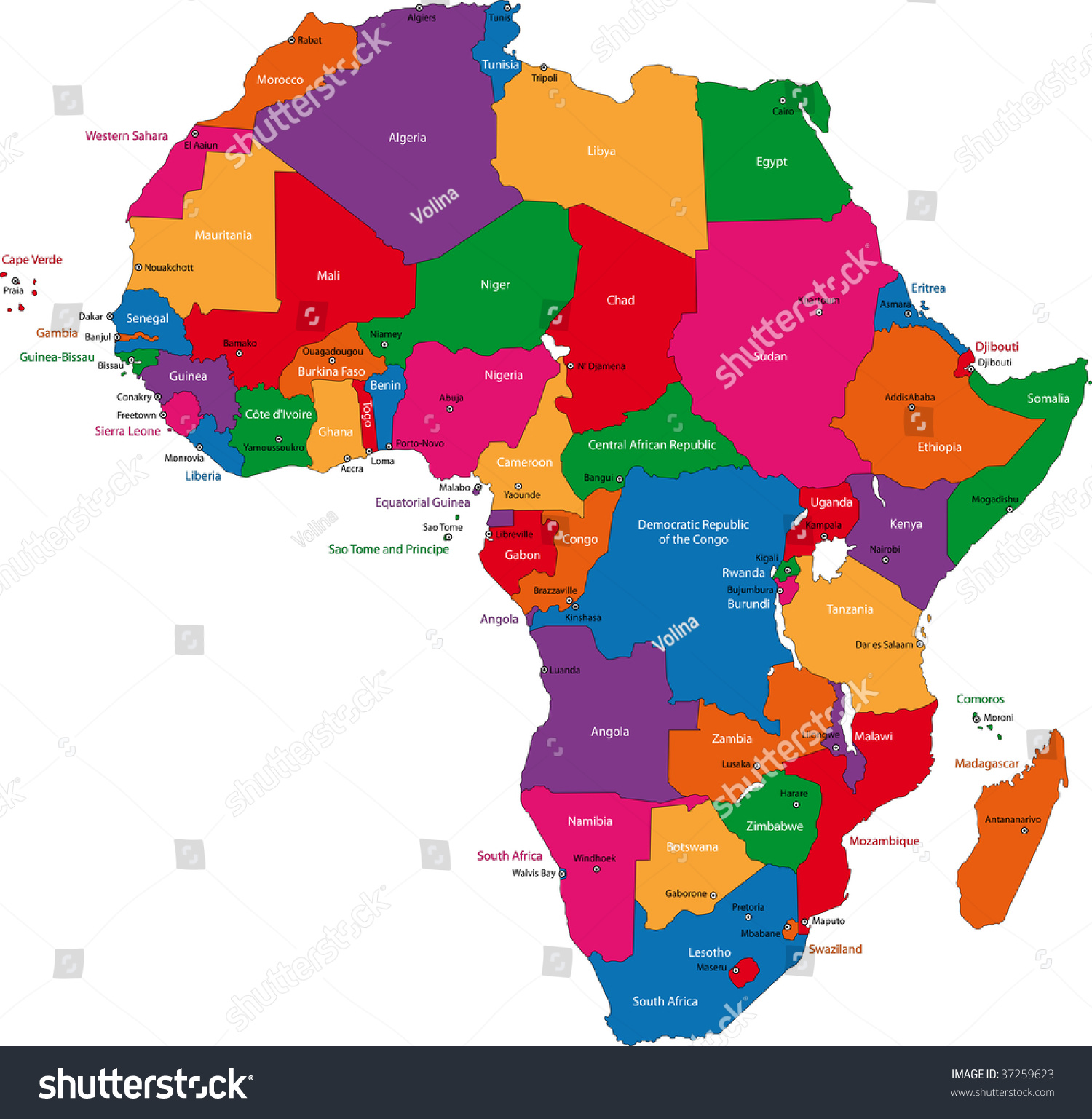Colorful Africa Map Countries Capital Cities Stock Illustration
