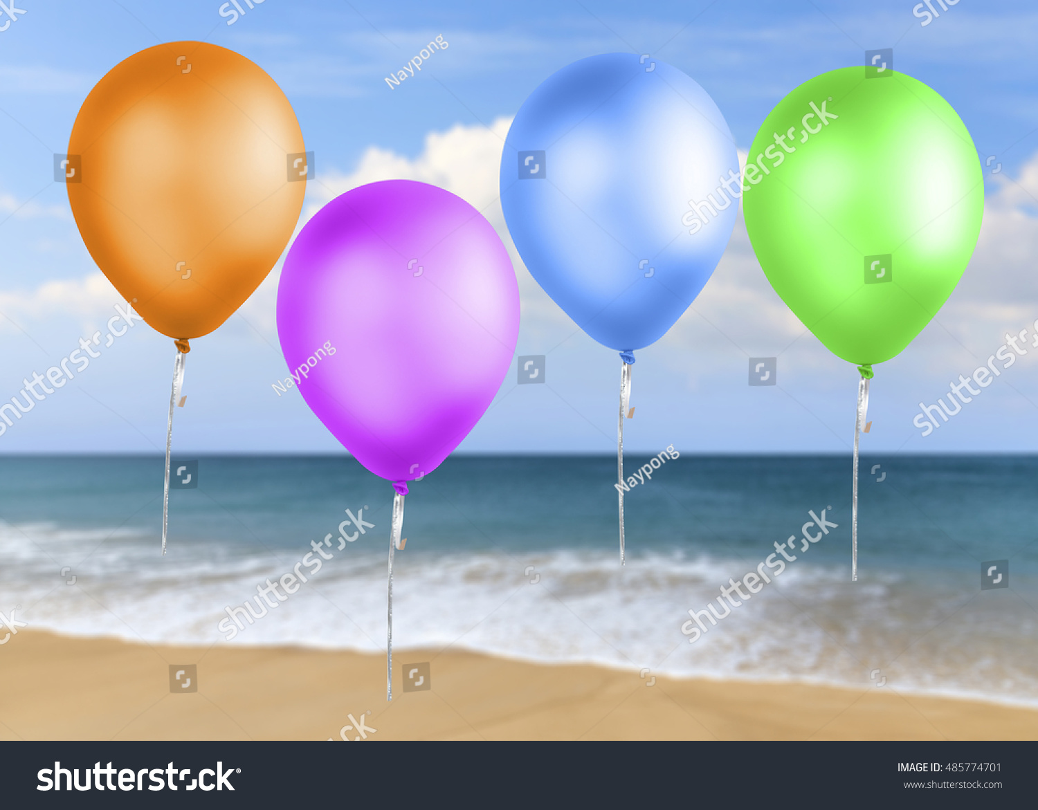 Colorful Balloons On Beach Blue Ocean Stock Photo (Edit Now) 485774701