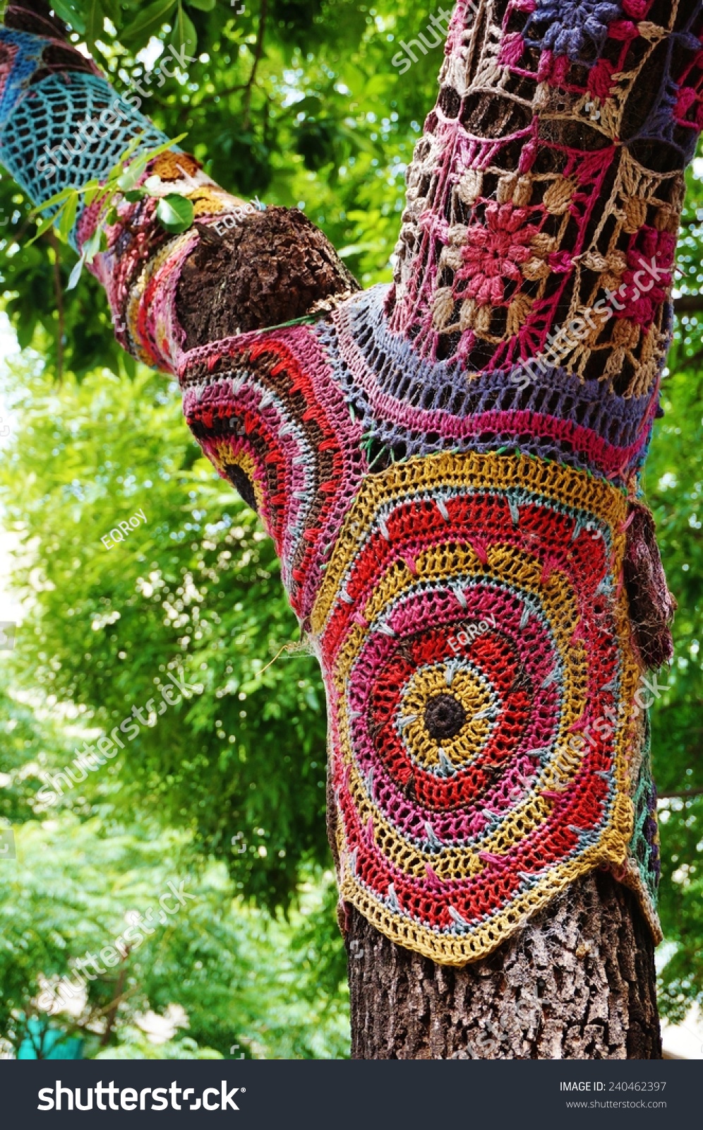 Colorful Crochet Knit On Tree Trunk Stock Photo 240462397 - Shutterstock