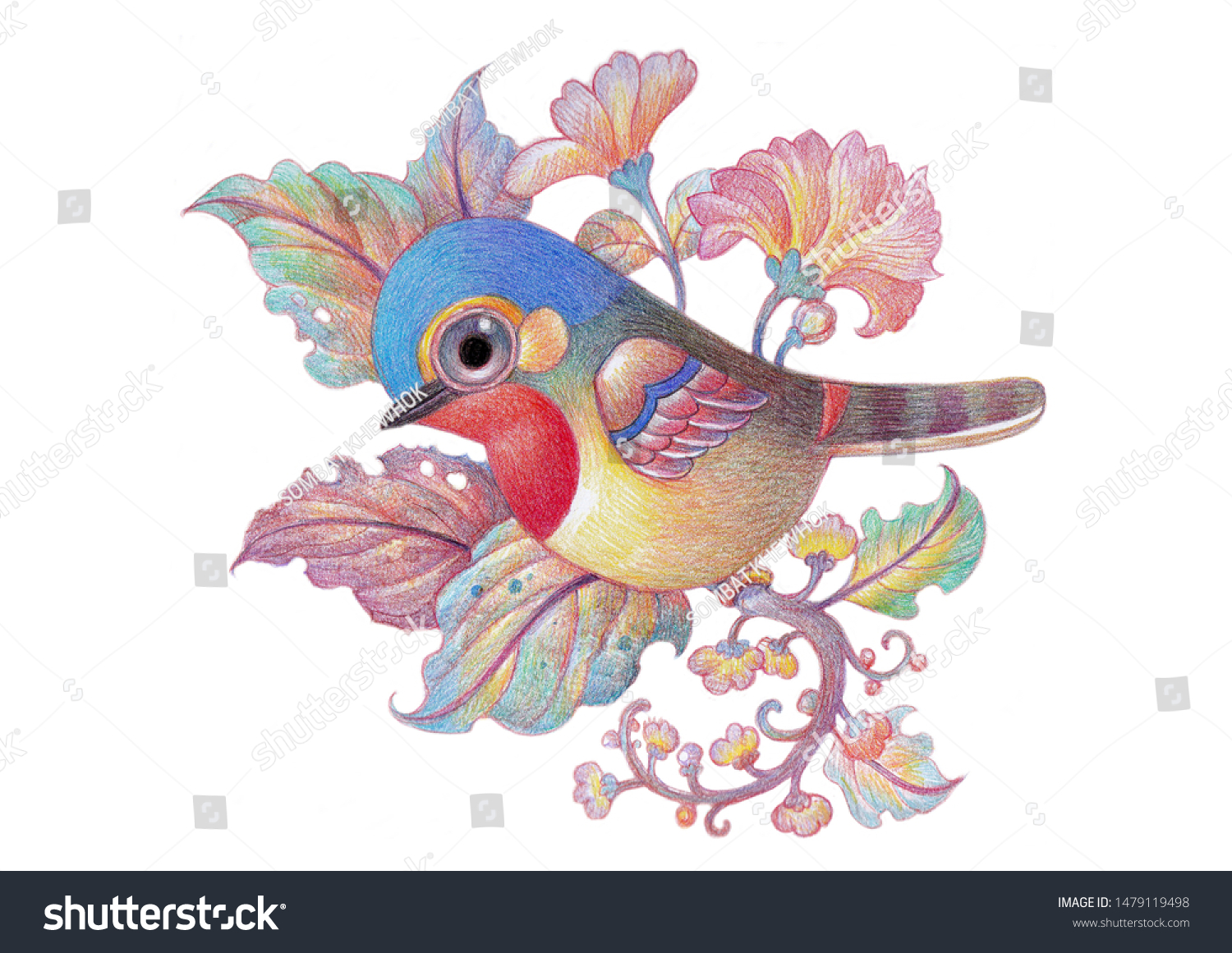 白い背景に花と葉を持つカラフルなかわいい鳥 鳥の漫画のイラスト 自然のイラスト 背景 パターン 壁紙用の美しい色の鉛筆描きのイラスト のイラスト素材