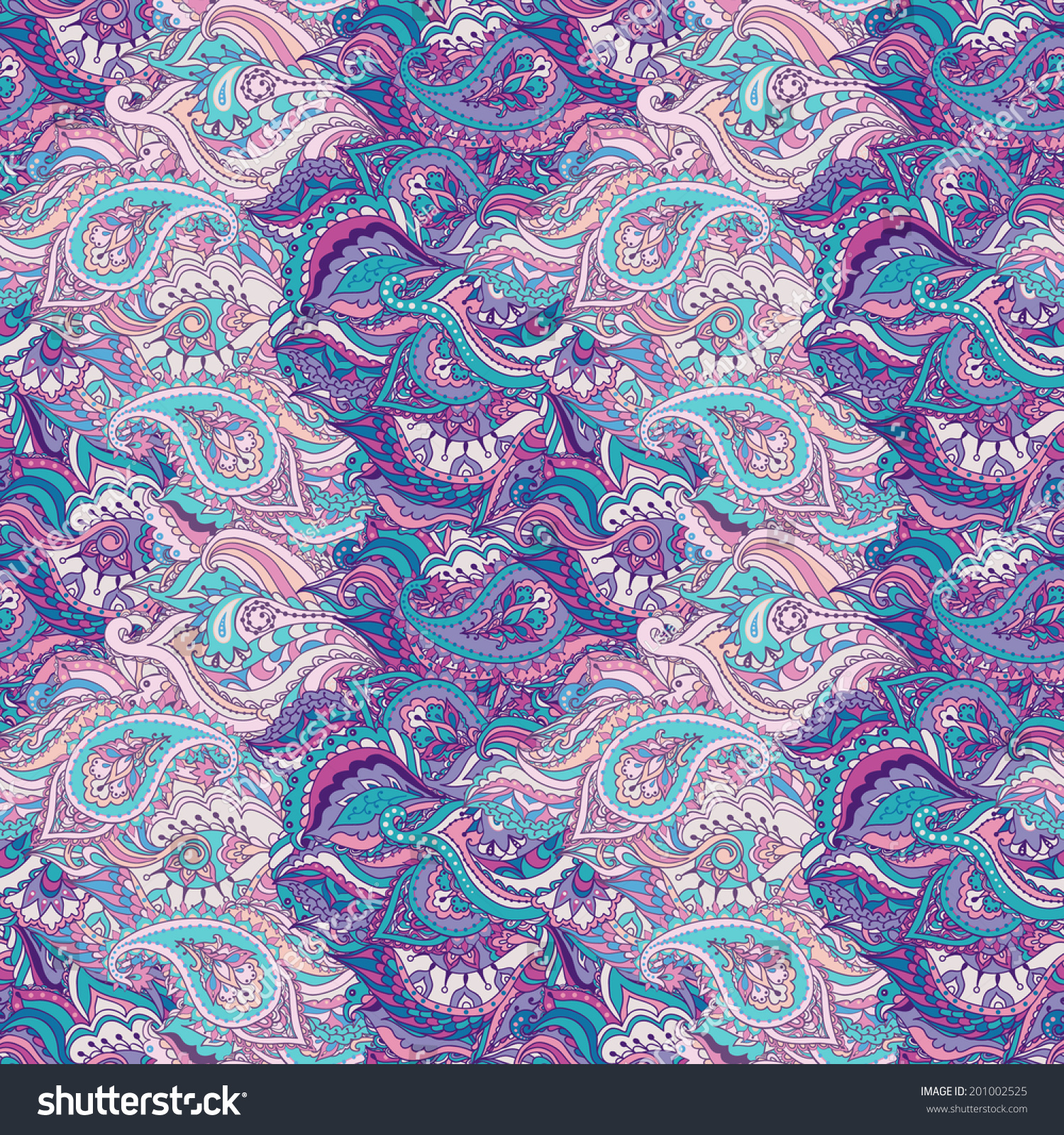 Colorful Floral Paisley Seamless Pattern. Raster Illustration. Purple ...