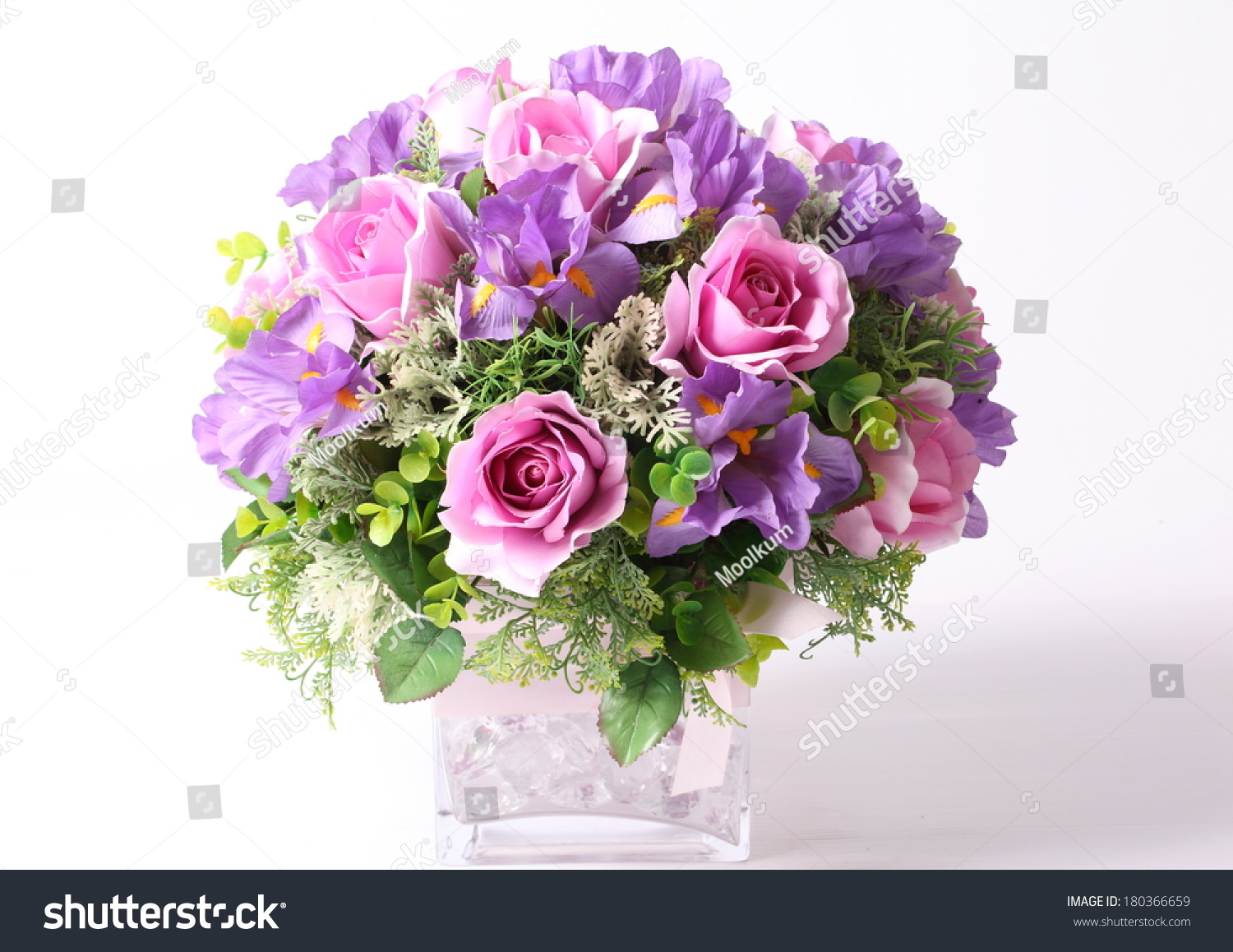 Colorful Flower Arrangement Centerpiece Square Glass Stock Photo