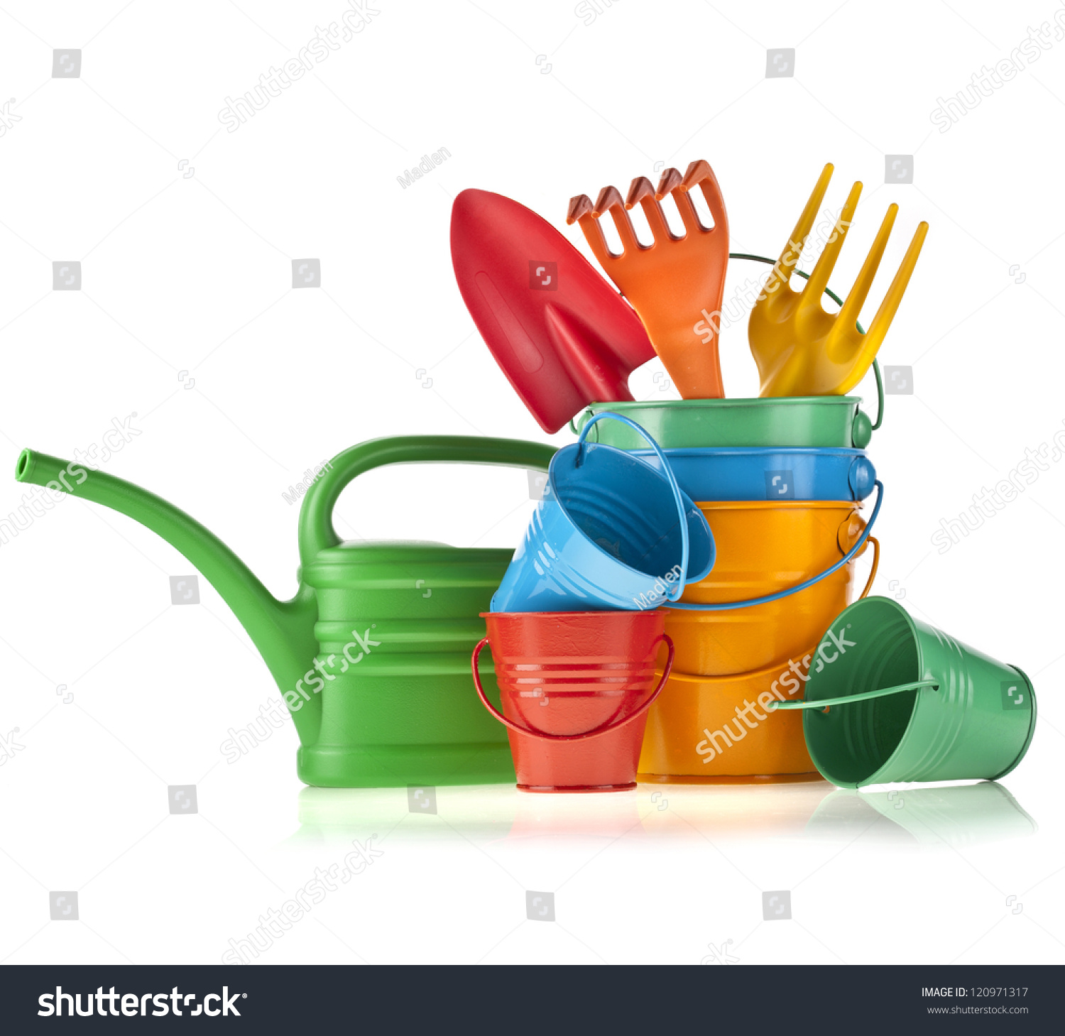 Colorful Gardening Tools : Watering Can, Bucket, Spade Over White ...