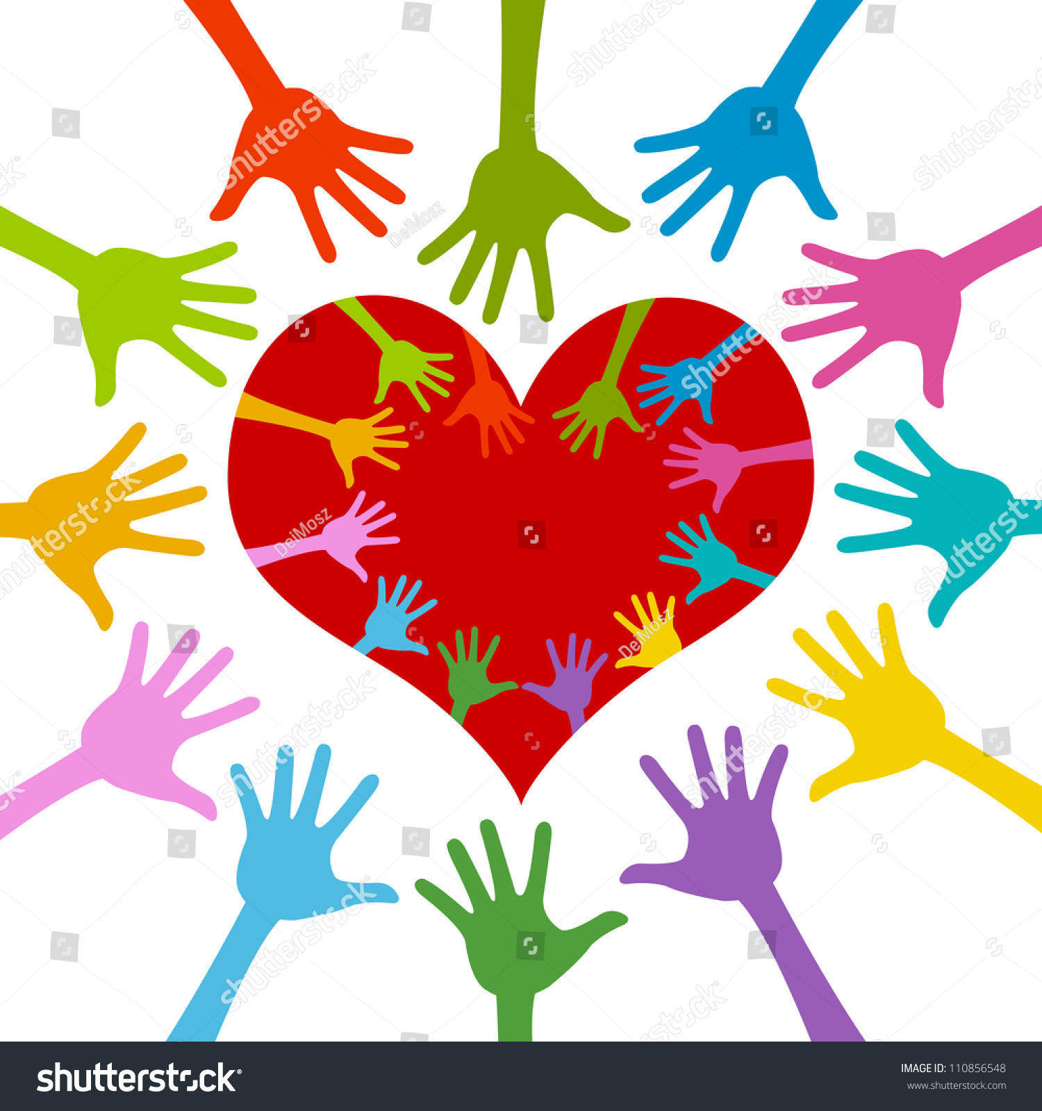 Colorful Hand Around And Inside Red Heart For Volunteer Campaign ...