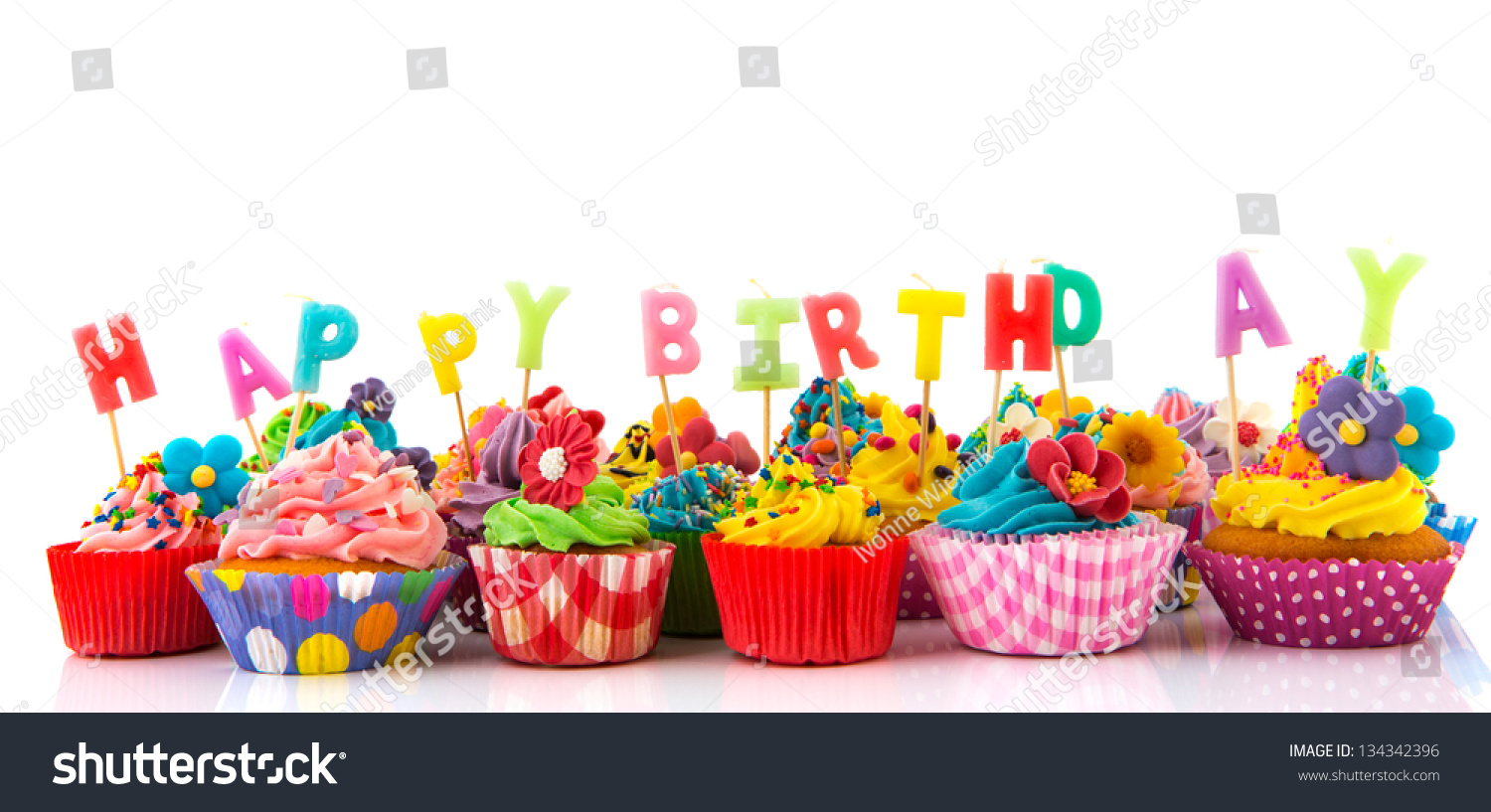 Colorful Happy Birthday Cupcakes Candles Isolated Stock Photo 134342396 ...