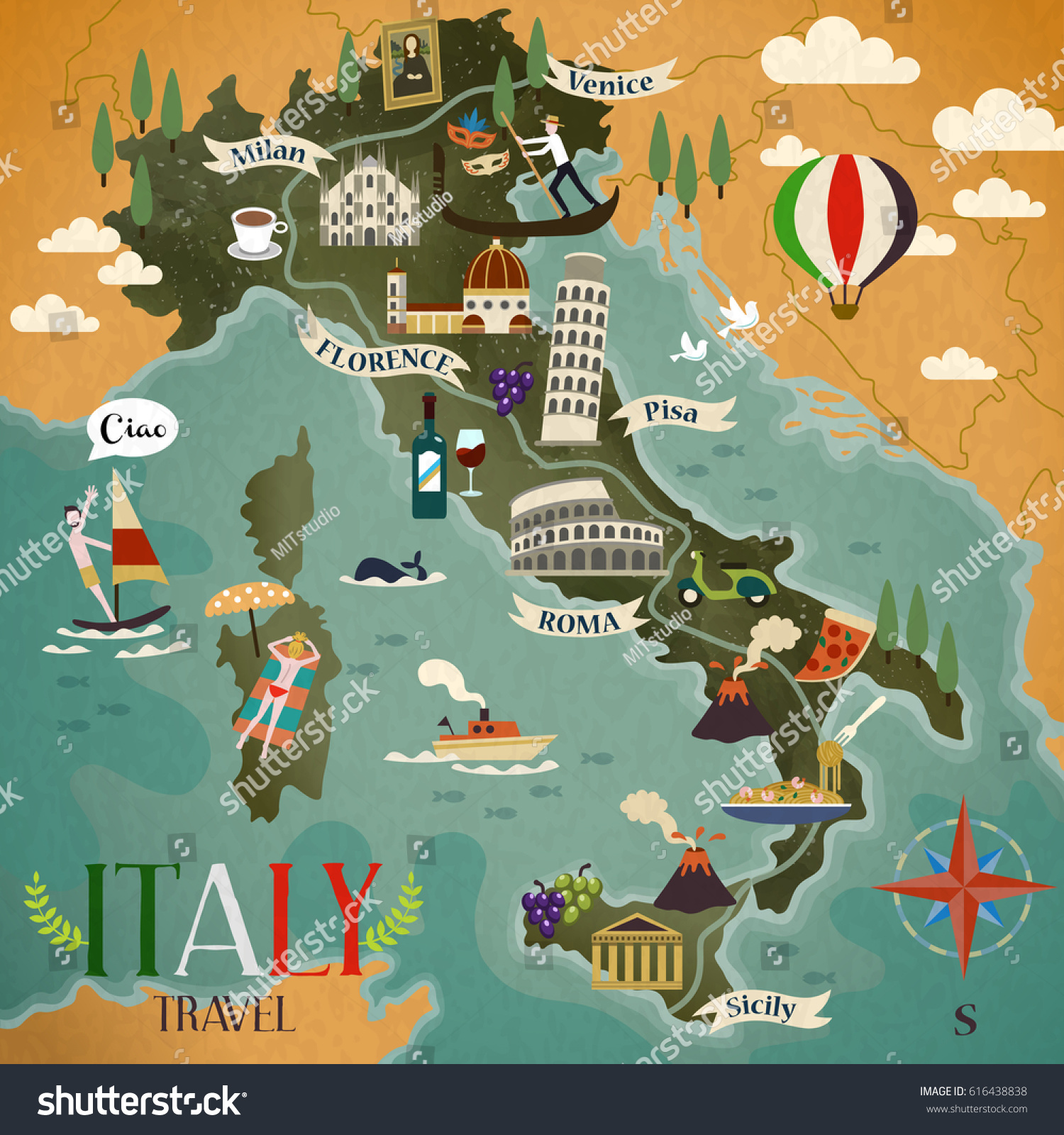 Colorful Italy Travel Map Attraction Symbols Stock Illustration ...