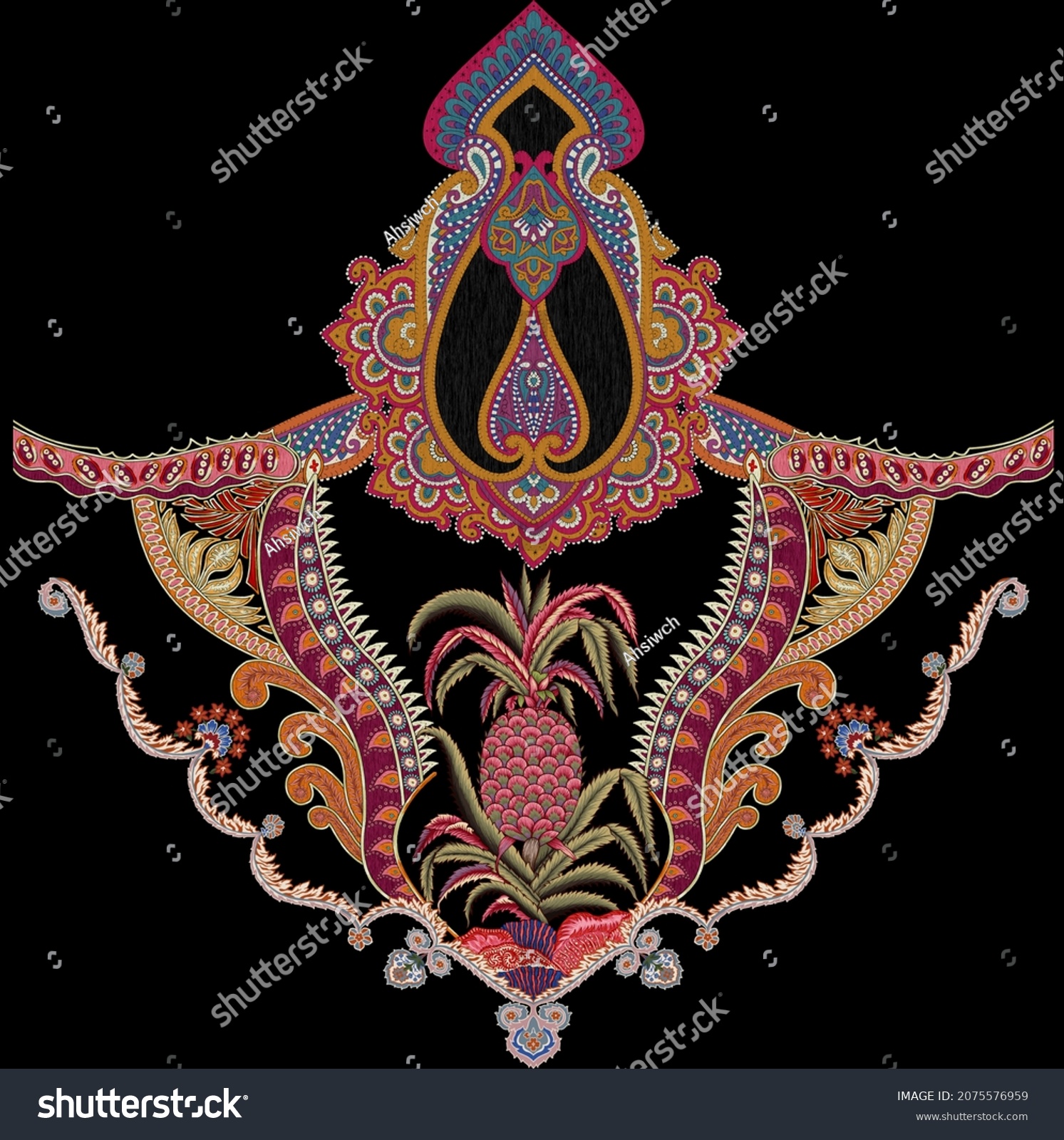 Colorful Paisley Design Motif Digital Stock Stock Illustration 2075576959