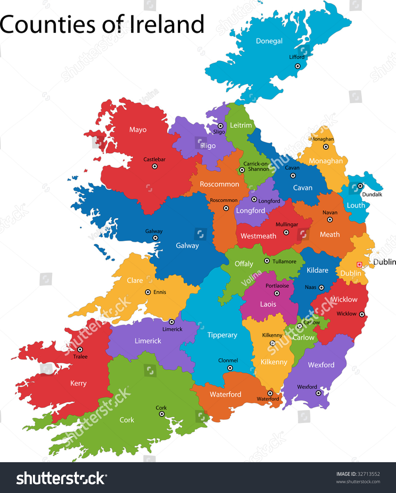 Colorful Republic Of Ireland Map With Regions And Main Cities Stock ...