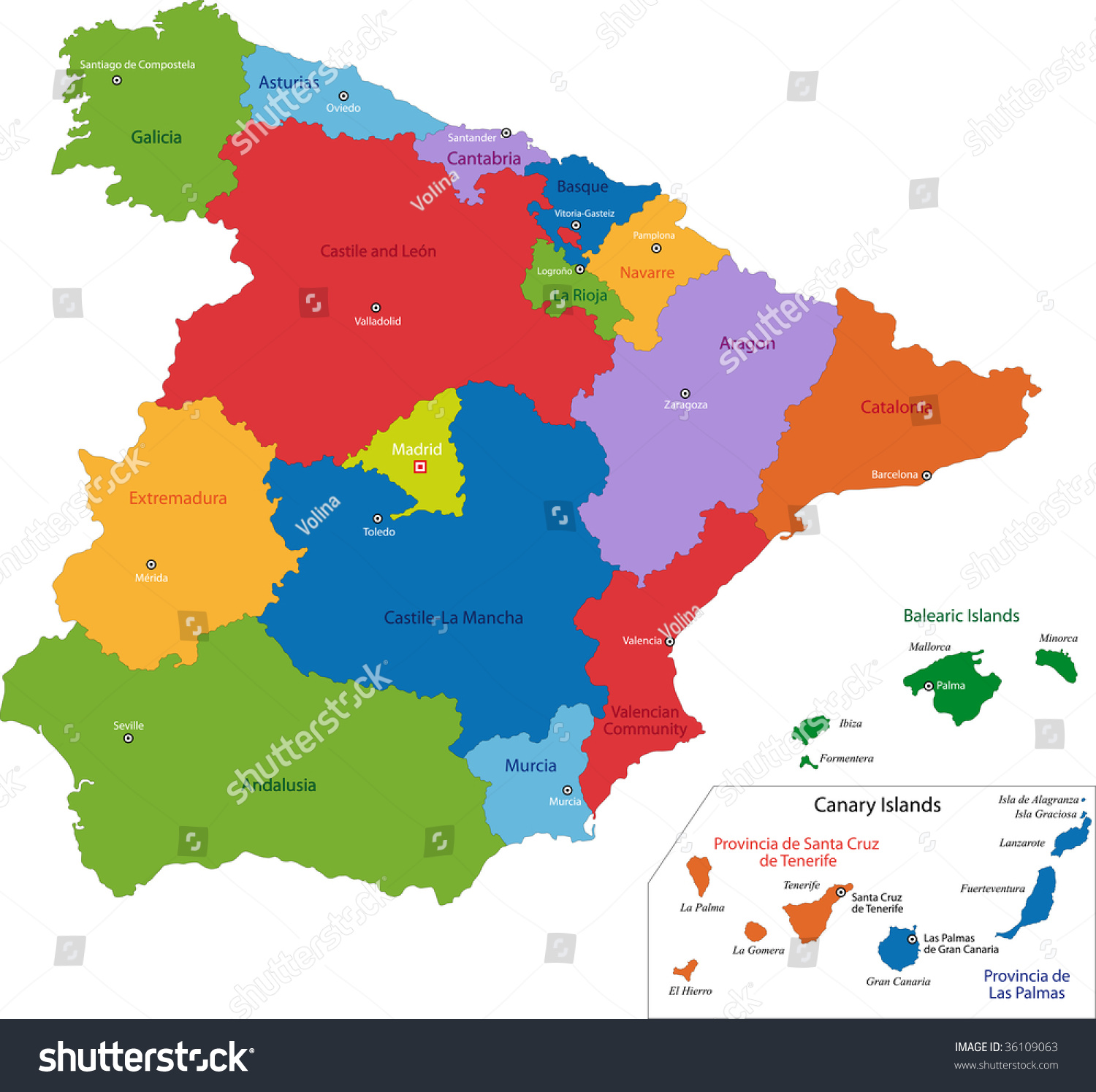 Colorful Spain Map Regions Main Cities Stock Illustration 36109063 ...