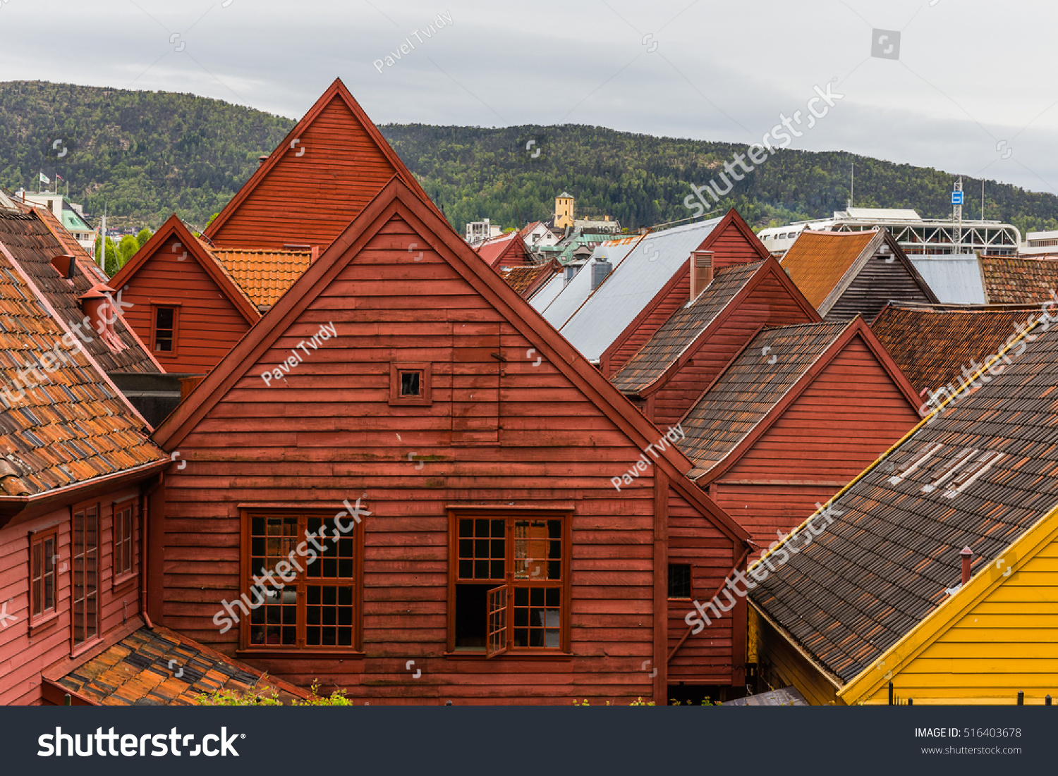 Colorfull Houses Of Bryggen From The Backside, Bergen, Norway Stock ...