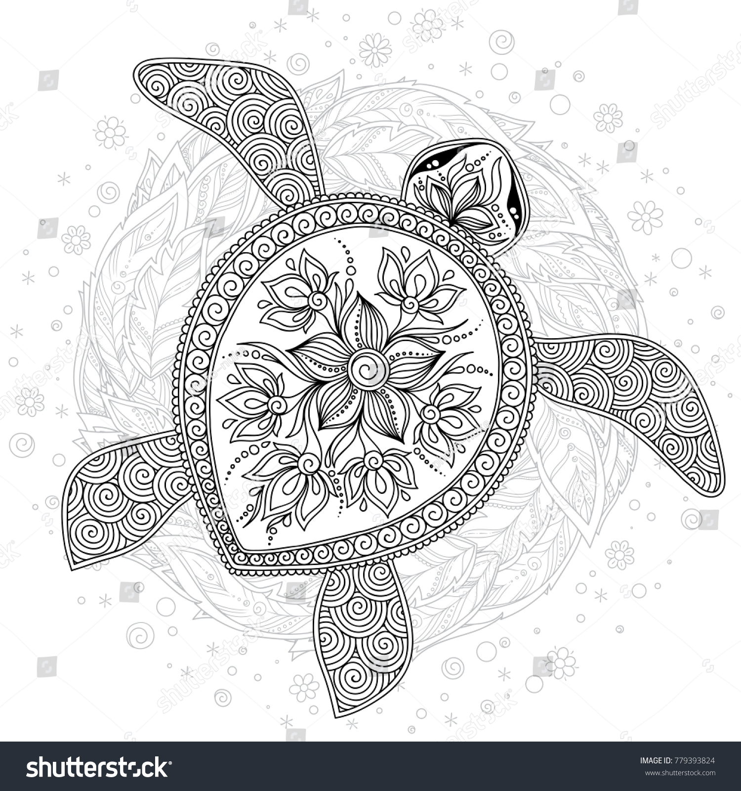 Coloring book for adults Coloring page Turtle with different ornaments Hand drawn illustration