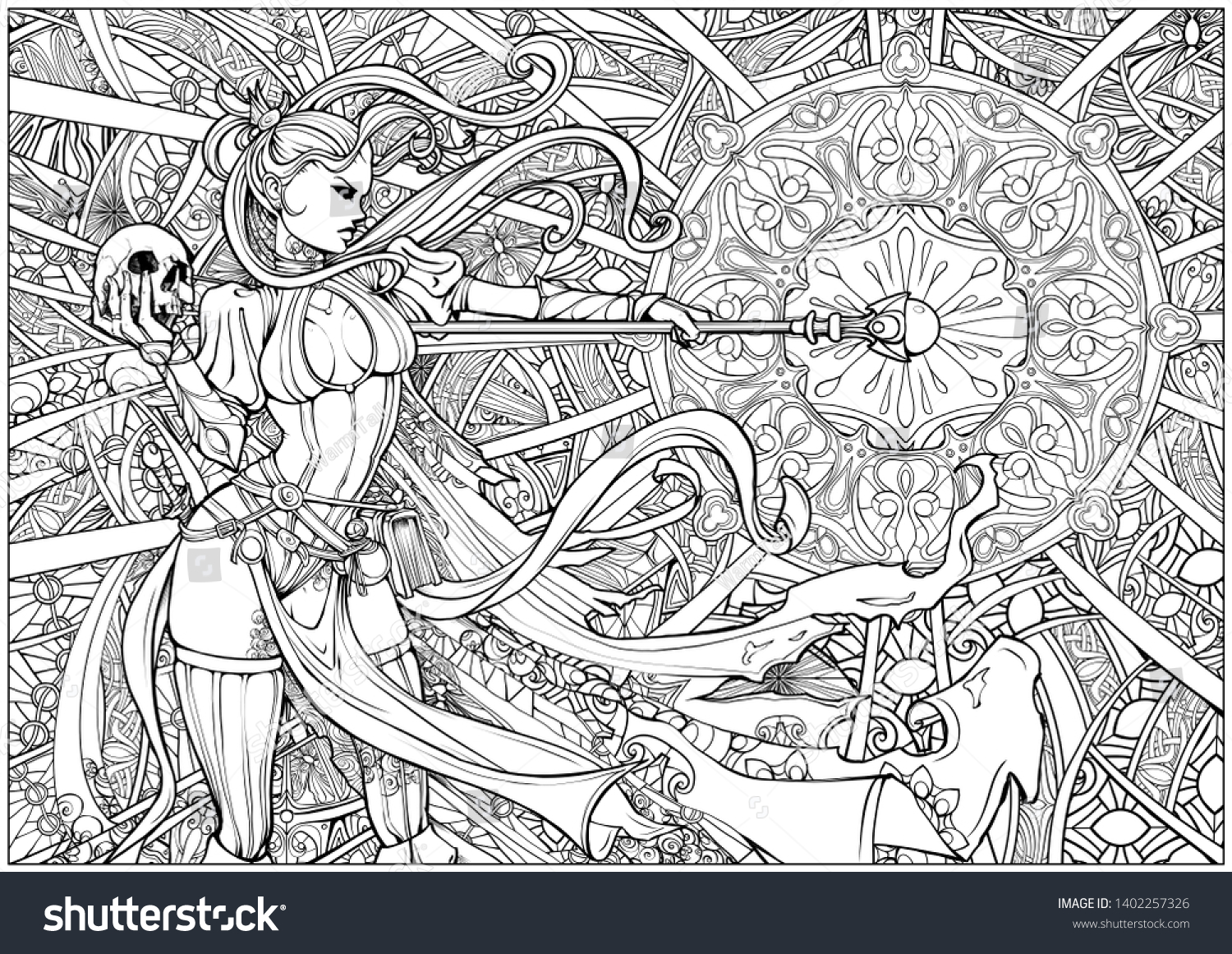 Coloring Page Adults Beautiful Witch Conjures Stock Illustration