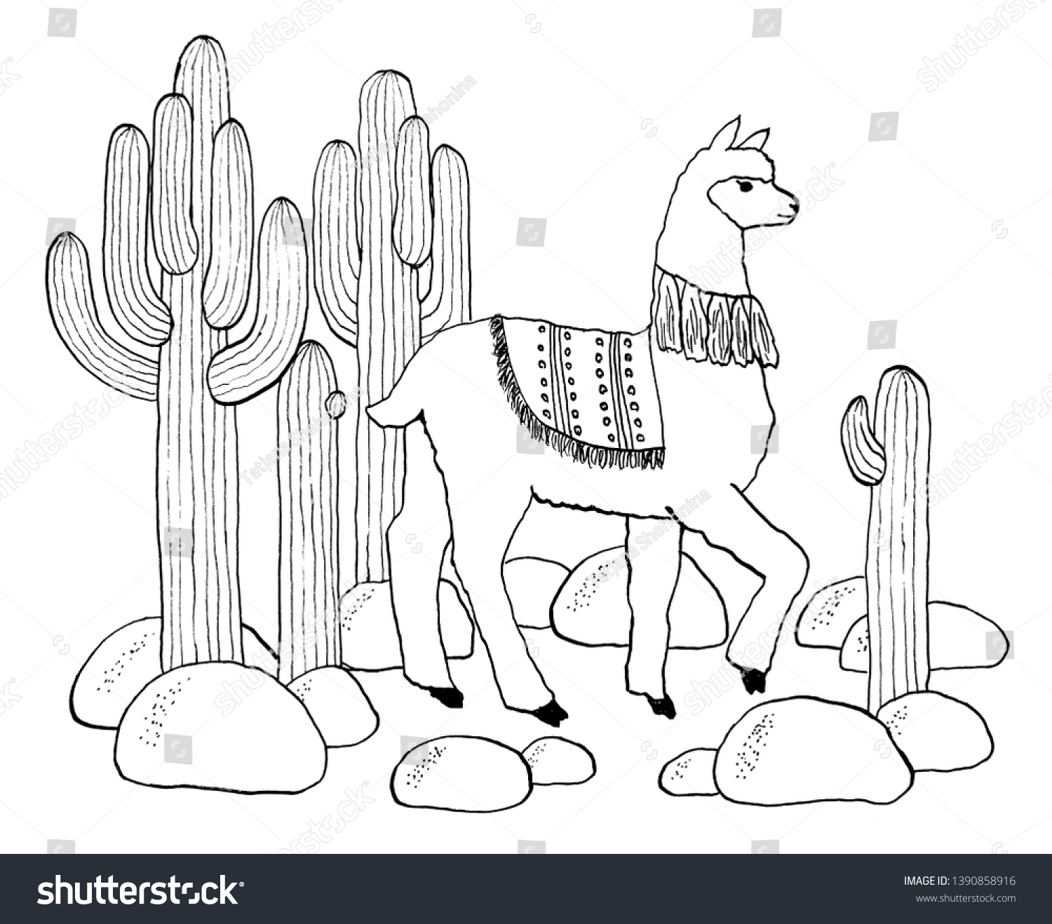 Coloring Page Outline Cartoon Lama Cactus Stockillustration 1390858916