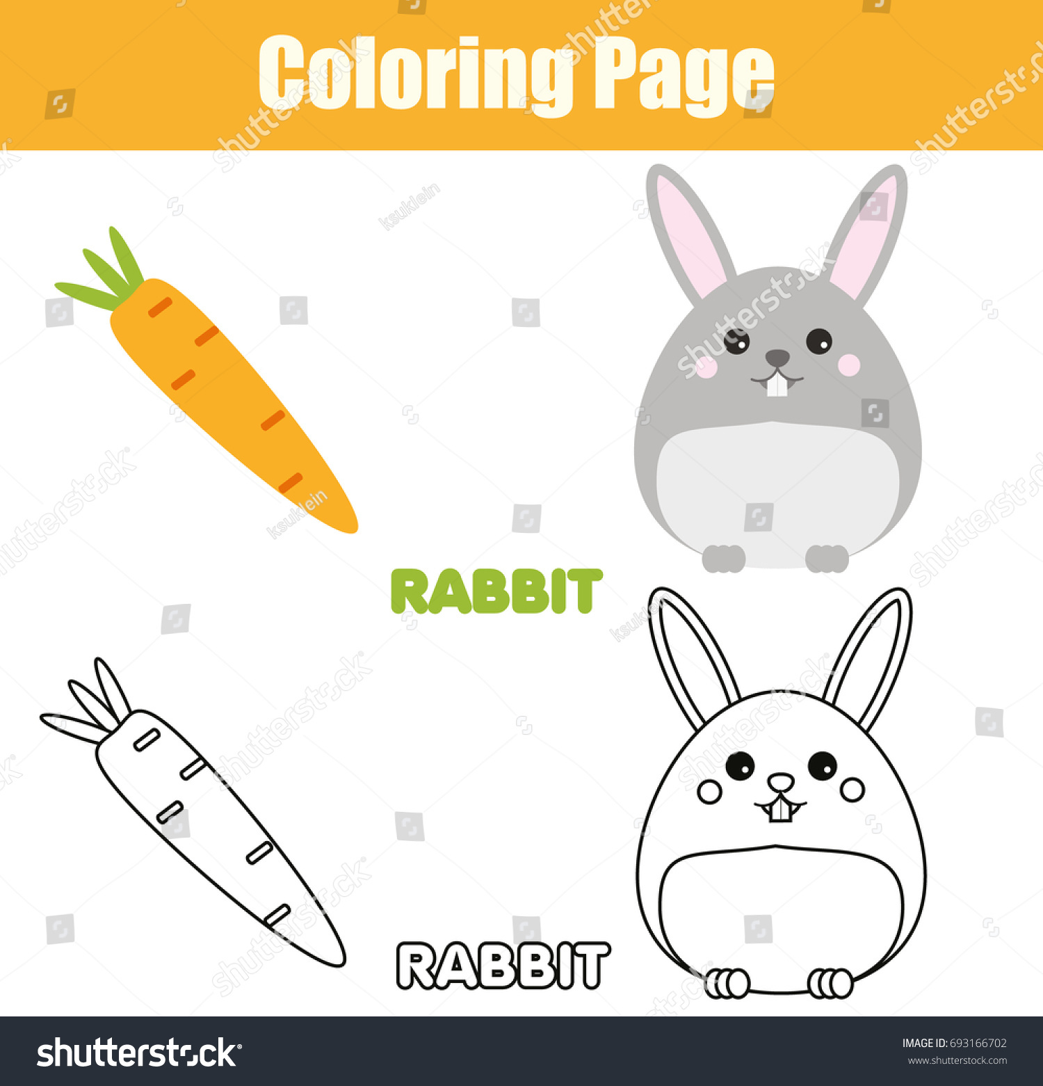 Coloring page with rabbit bunny character Color the picture drawing activity Educational game