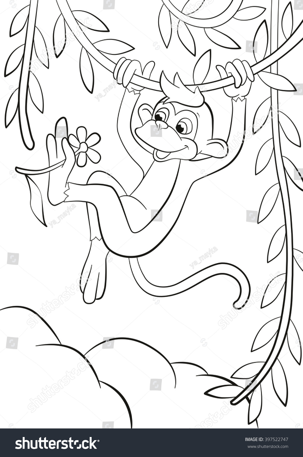 Coloring pages Little cute monkey is hanging on the tree branch smiling and pointing