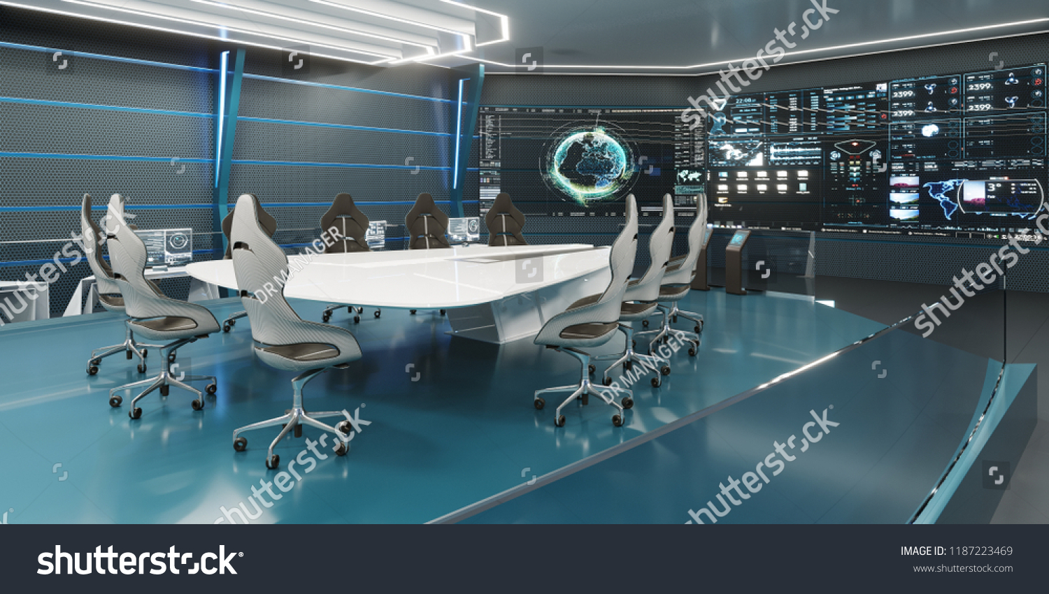 コマンドセンター 会議室 コンセプトデザイン 大きな机を中心にした大きなディスプレイ 3dレンダリング のイラスト素材