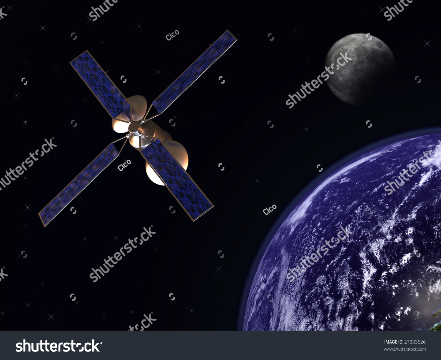 Communication Satellite In Earth Orbit With Moon In Background Stock ...