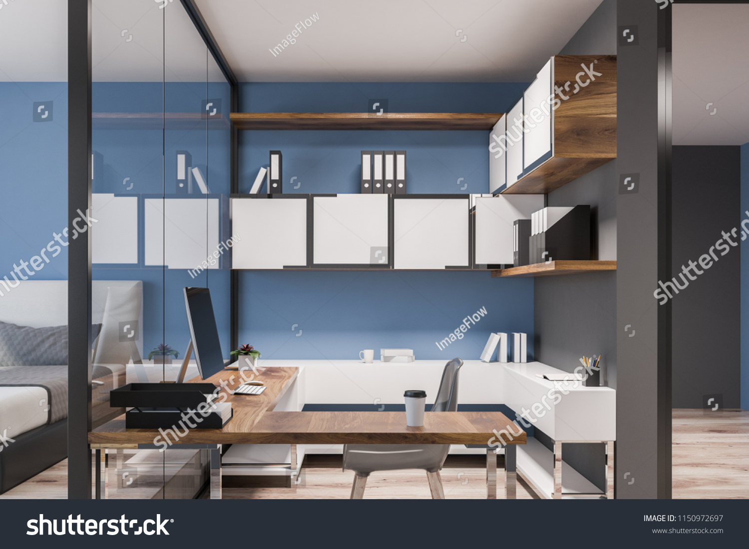 Compact Home Office Interior Dark Blue Stock Illustration