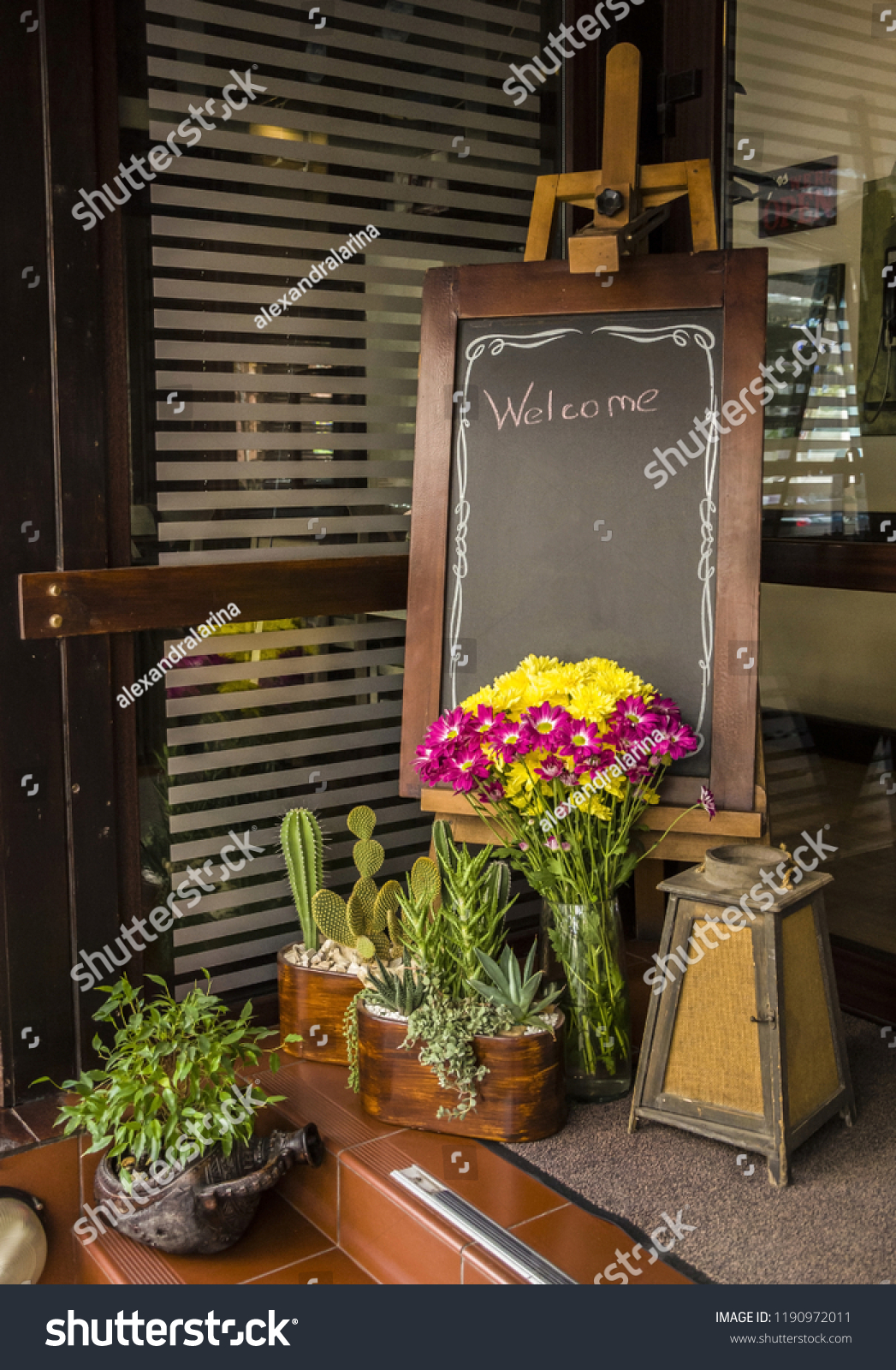 Composition Entrance Chalkboard Vases Plants Flowers Stock Photo