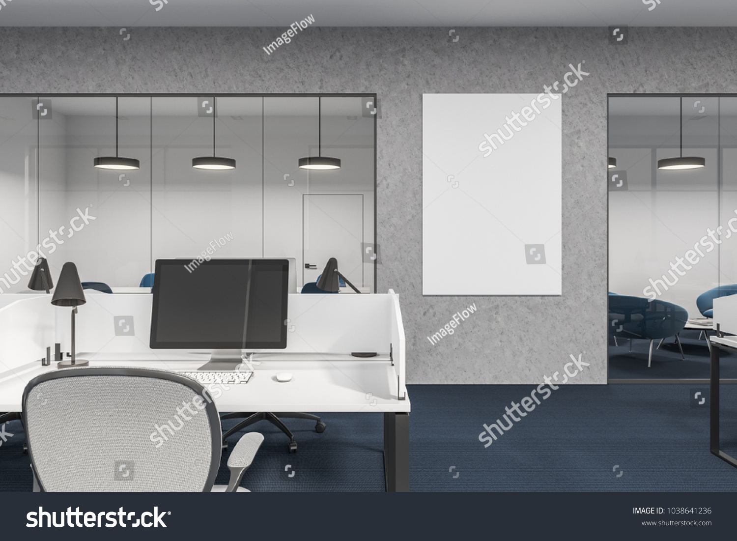 Computer On Office Cubicle Desk Gray Stockillustration 1038641236