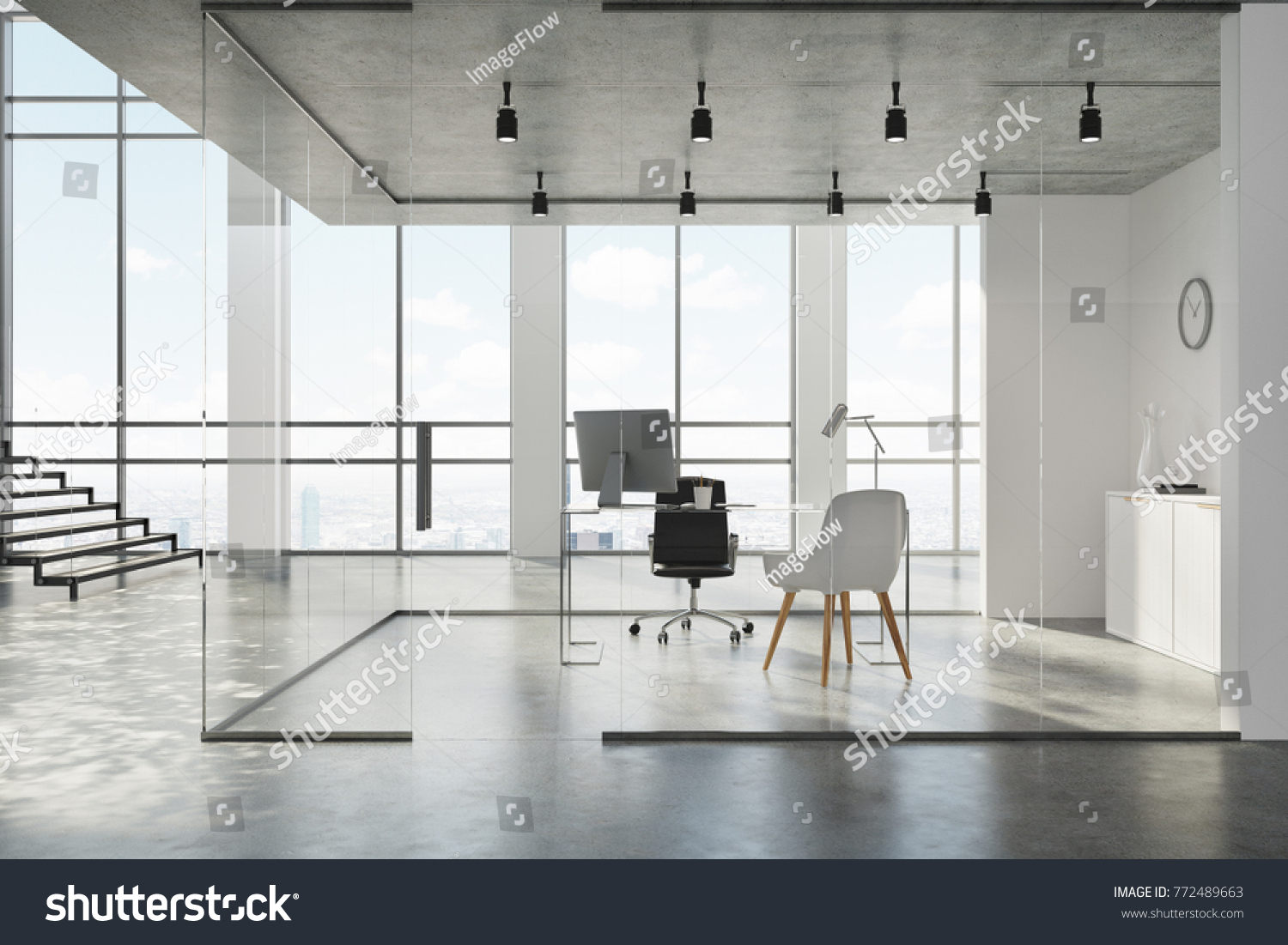 Concrete Ceiling Office Lobby White Glass Stock Illustration 772489663