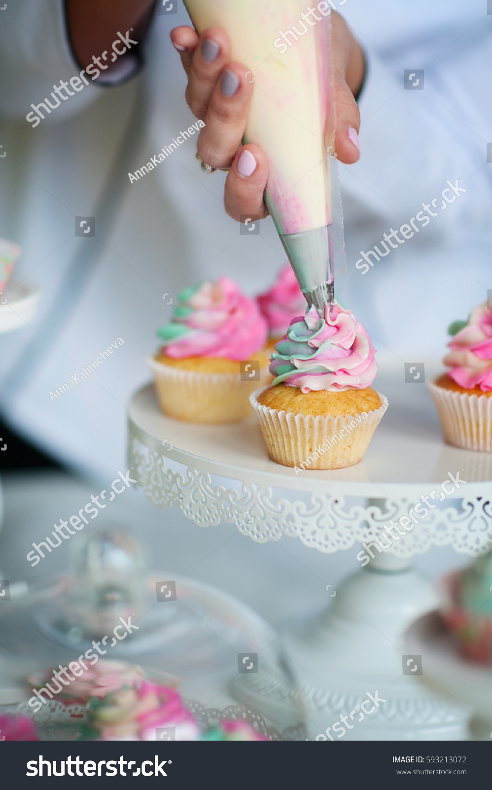 Confectioner Decorate Cupcakes Pastry Bag Stock Photo Edit Now 593213072