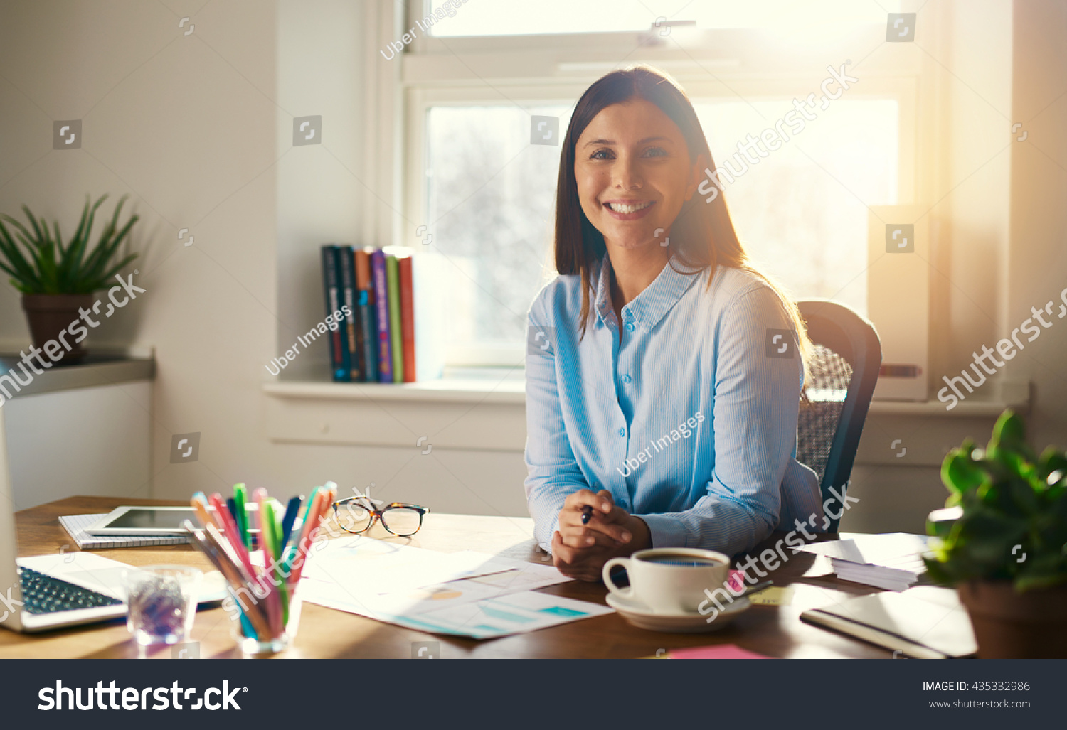Confident Business Woman Sitting Desk Folded Stock Photo 435332986 - Shutterstock1500 x 1027