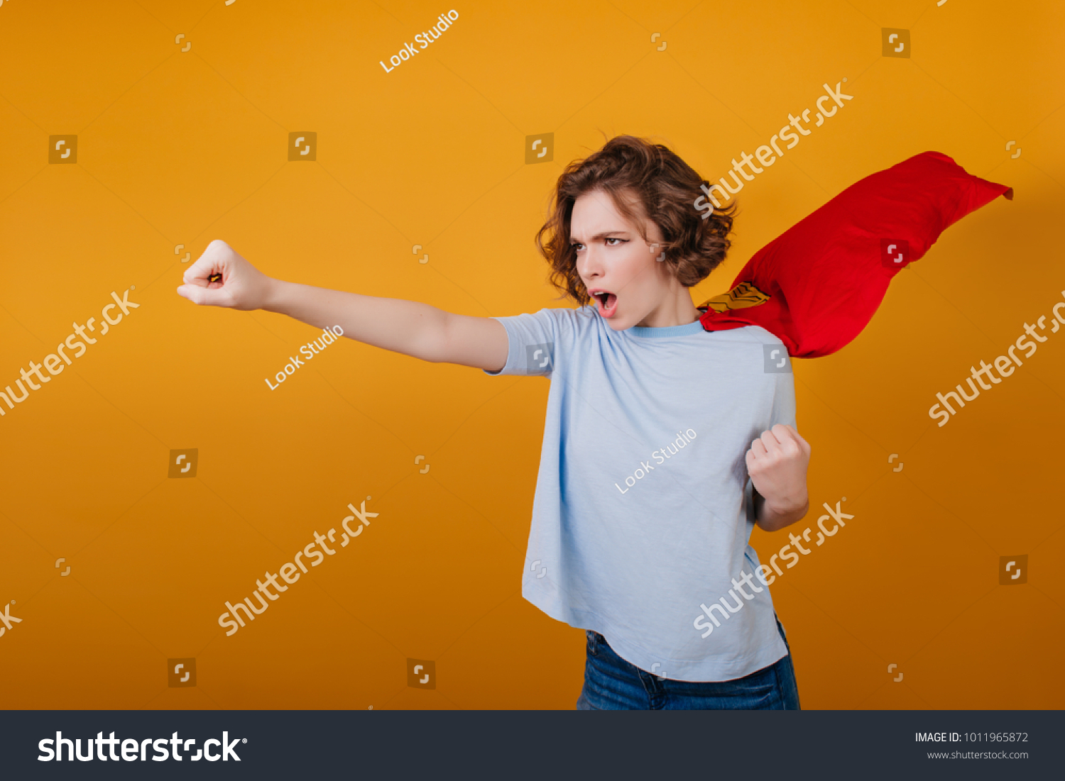 Confident Shorthaired Girl Posing Red Superhero Stock Photo Edit