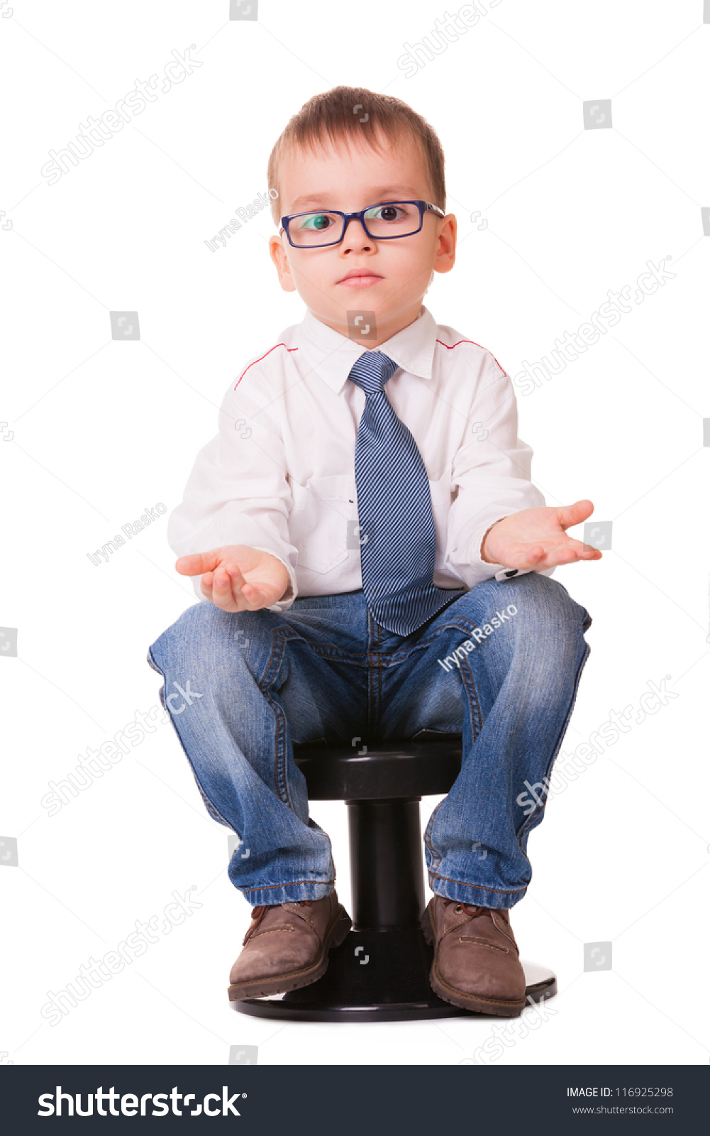 Confused Clever Kid Jeans Shirt Sitting Stock Photo 116925298 ...