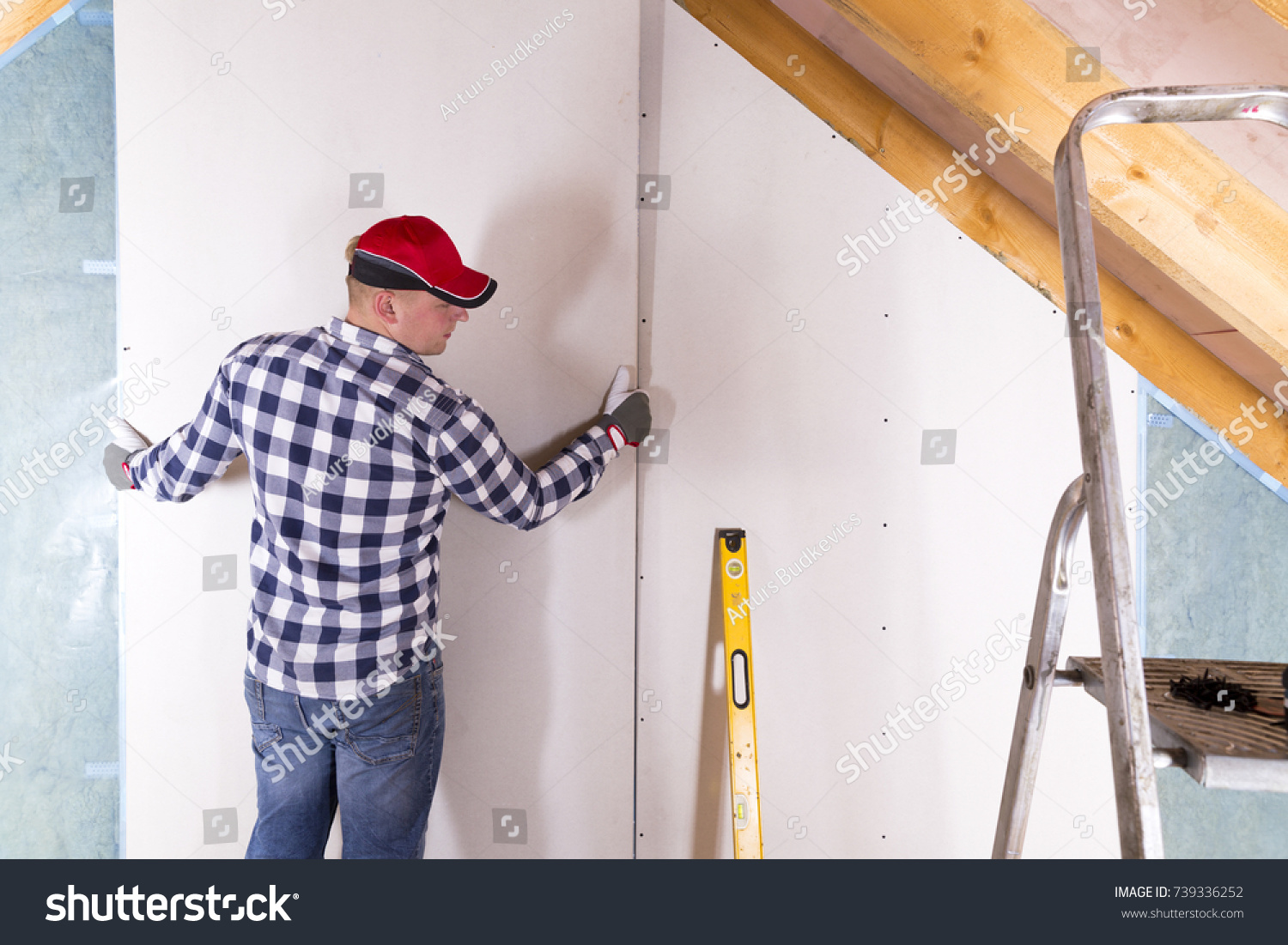 Construction Worker Holding Gypsum Board Attic Stock Photo 739336252 