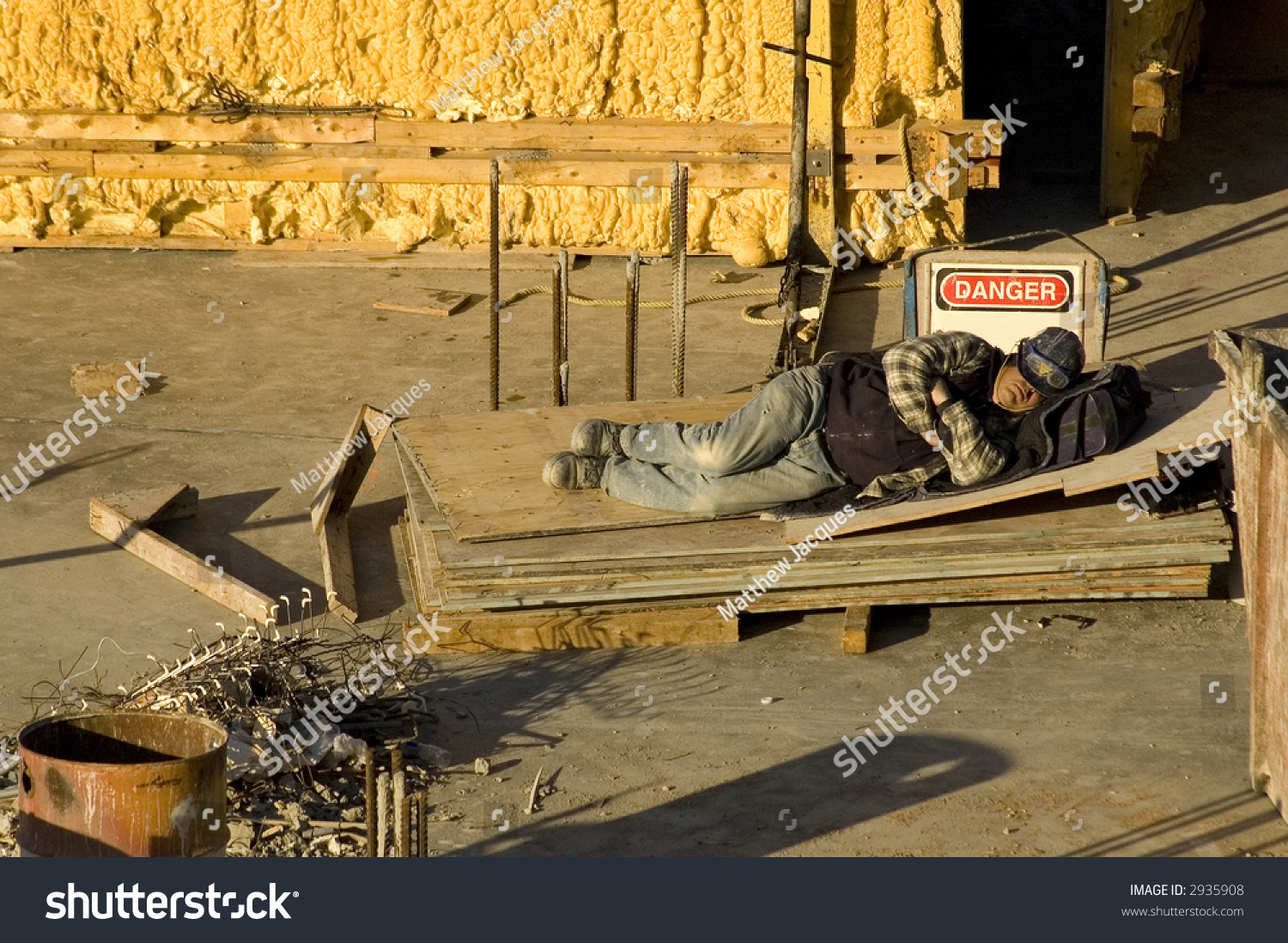 Construction Worker Sleeps By Danger Sign库存照片2935908 Shutterstock