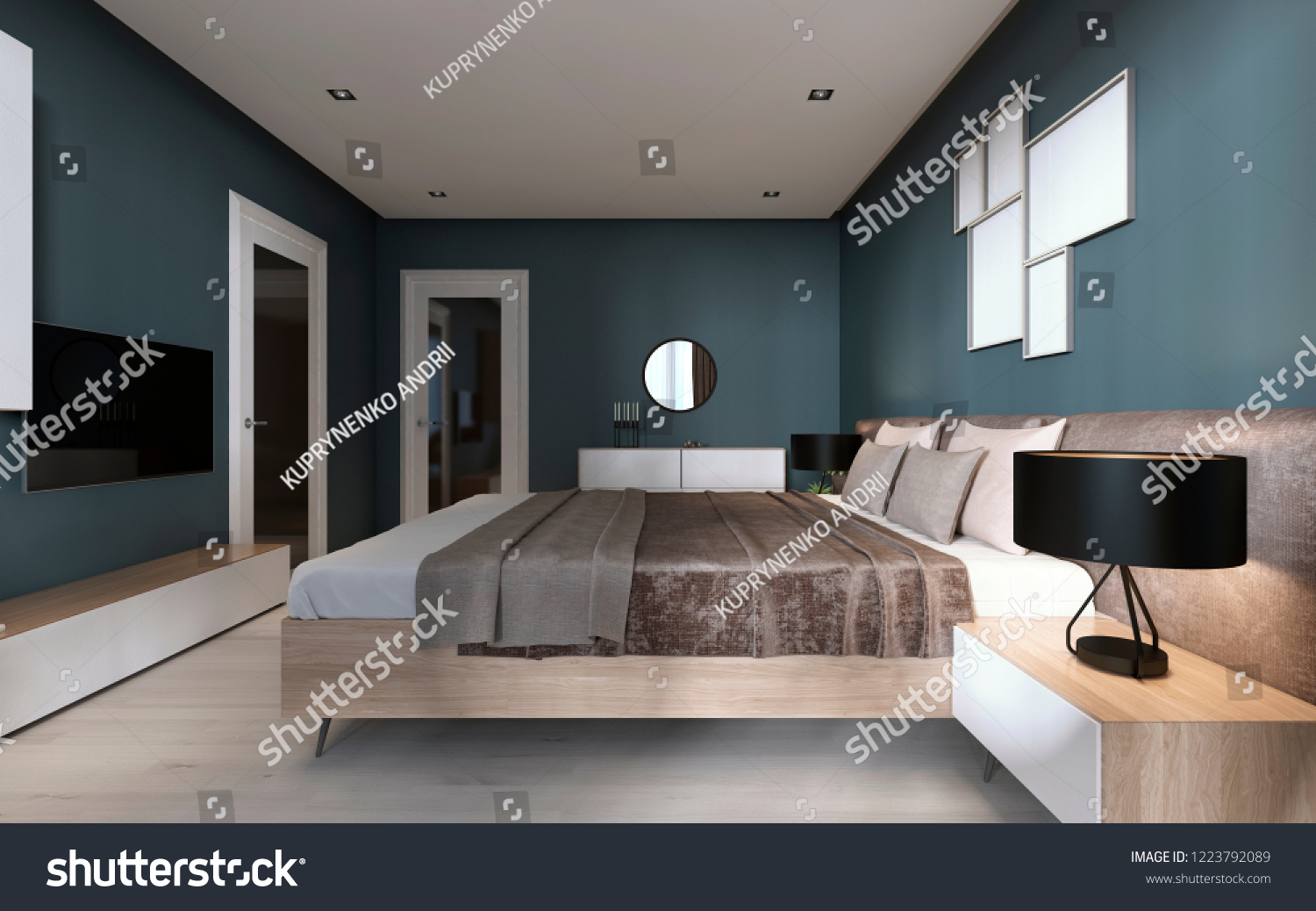 Contemporary Bedroom Dark Blue Walls Light Stock