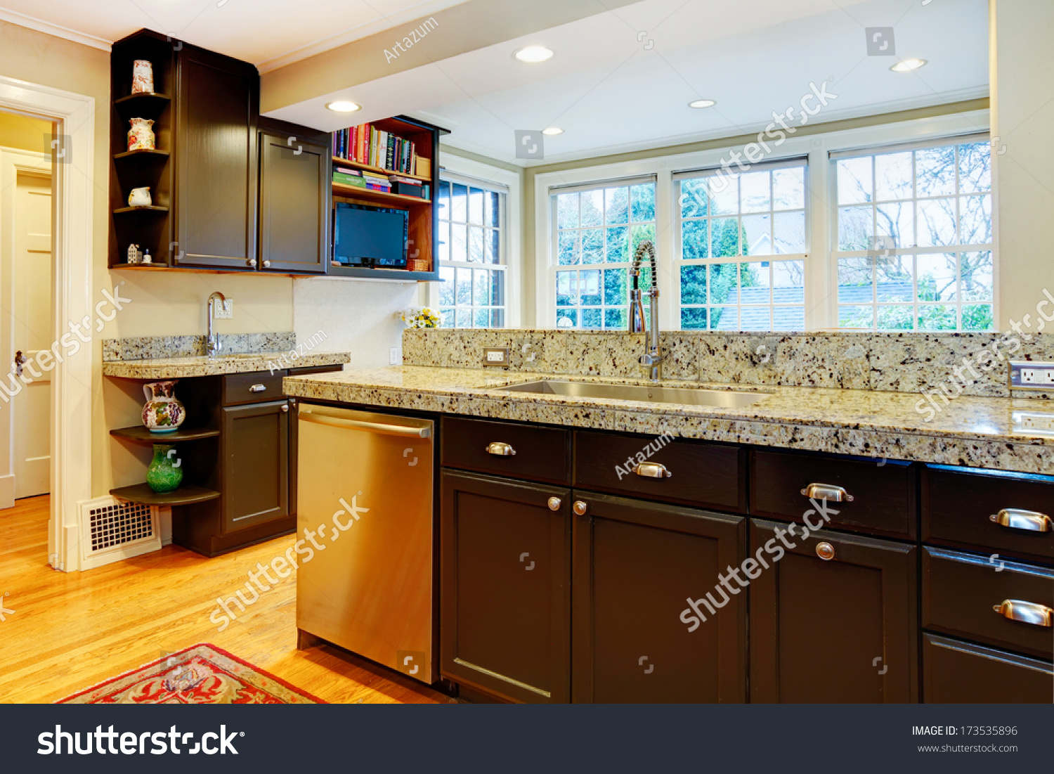 Contrast Room Black Kitchen Cabinets Marble Stock Photo Edit Now