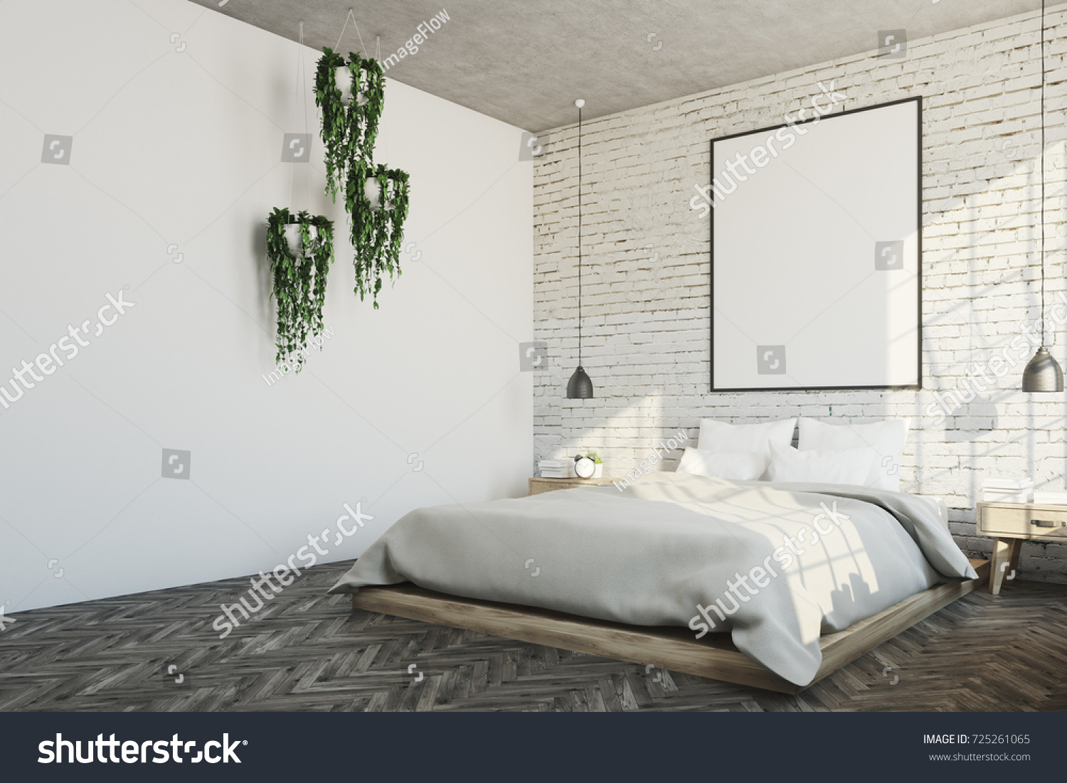 Corner White Brick Bedroom Interior Wooden Stock Illustration 725261065