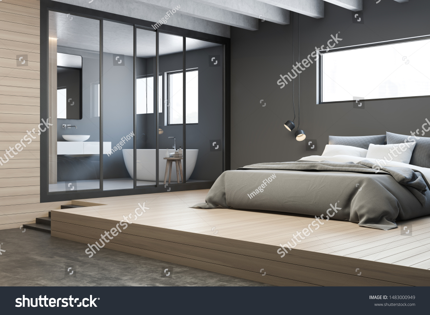 Corner Master Bedroom Gray Walls Wooden Stock Illustration 1483000949,Arts And Crafts Living Room Ideas