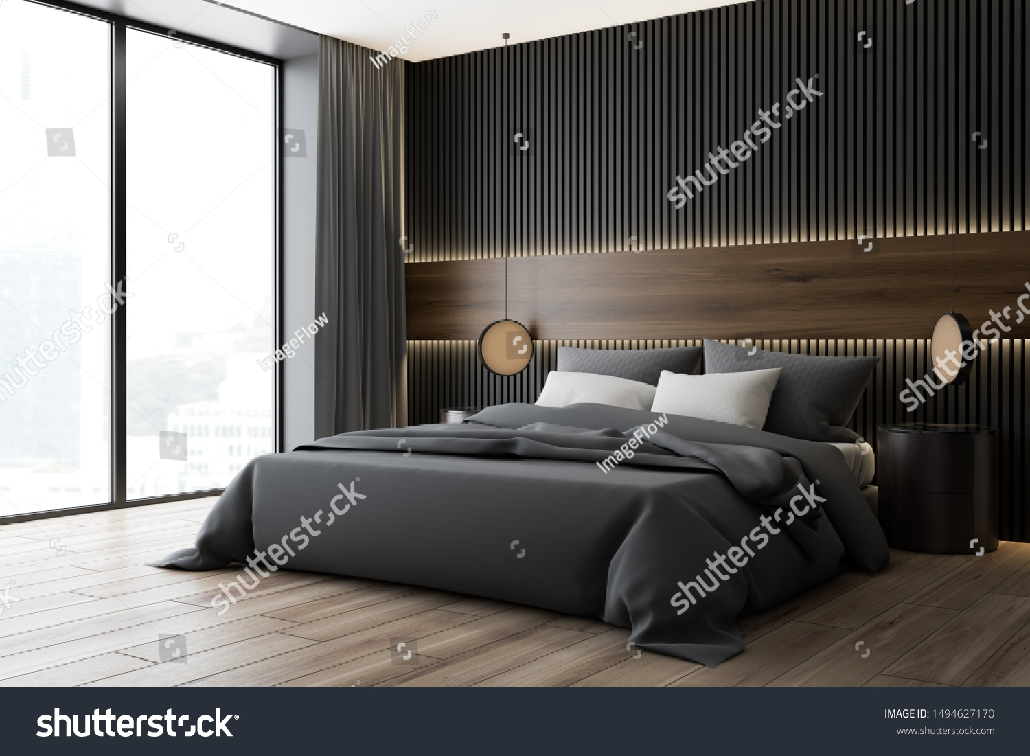 Corner Modern Bedroom Dark Wood Gray Stock Illustration