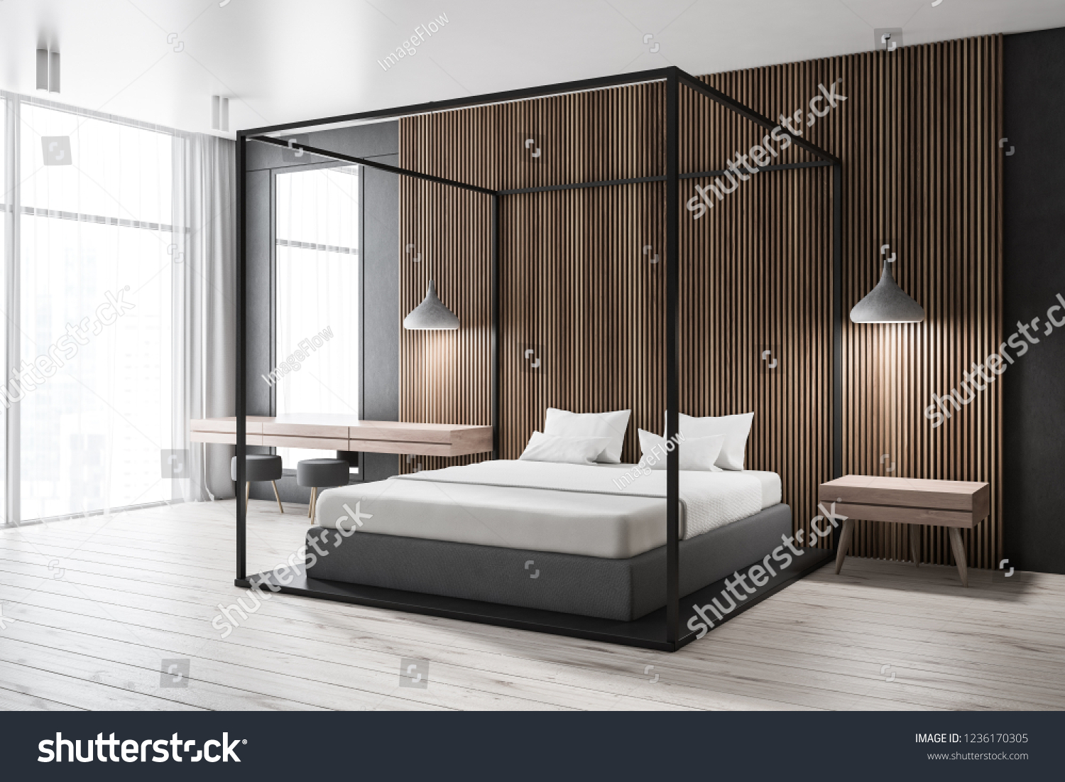 Corner Modern Bedroom Dark Wooden Walls Stock Illustration