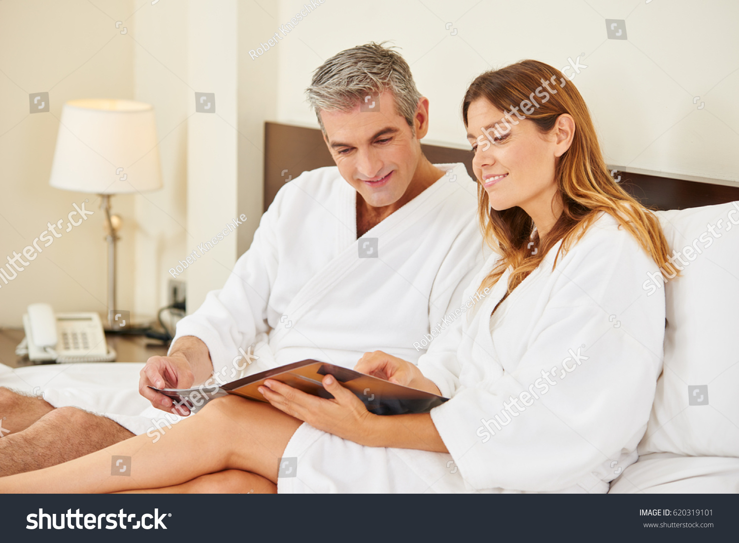 Couple Hotel Room Reading Room Service Stock Photo Edit Now