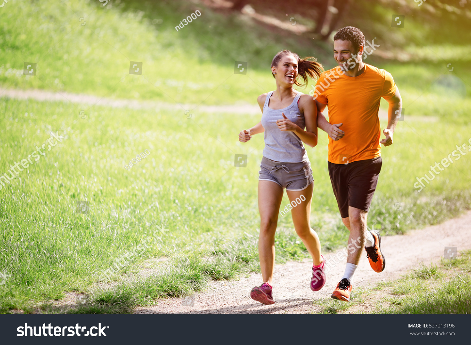 Spytte fast flaskehals Couple Jogging Running Outdoors Nature Stock Photo (Edit Now) 527013196