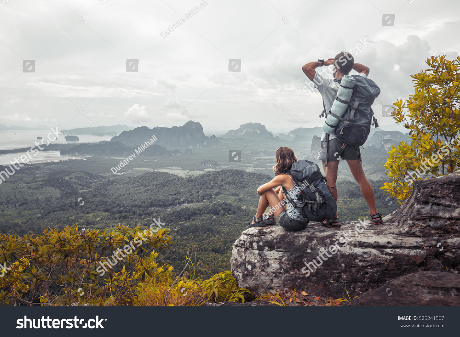 Hikers Relaxing On Top Mountain Enjoying Stock Photo 210135565 