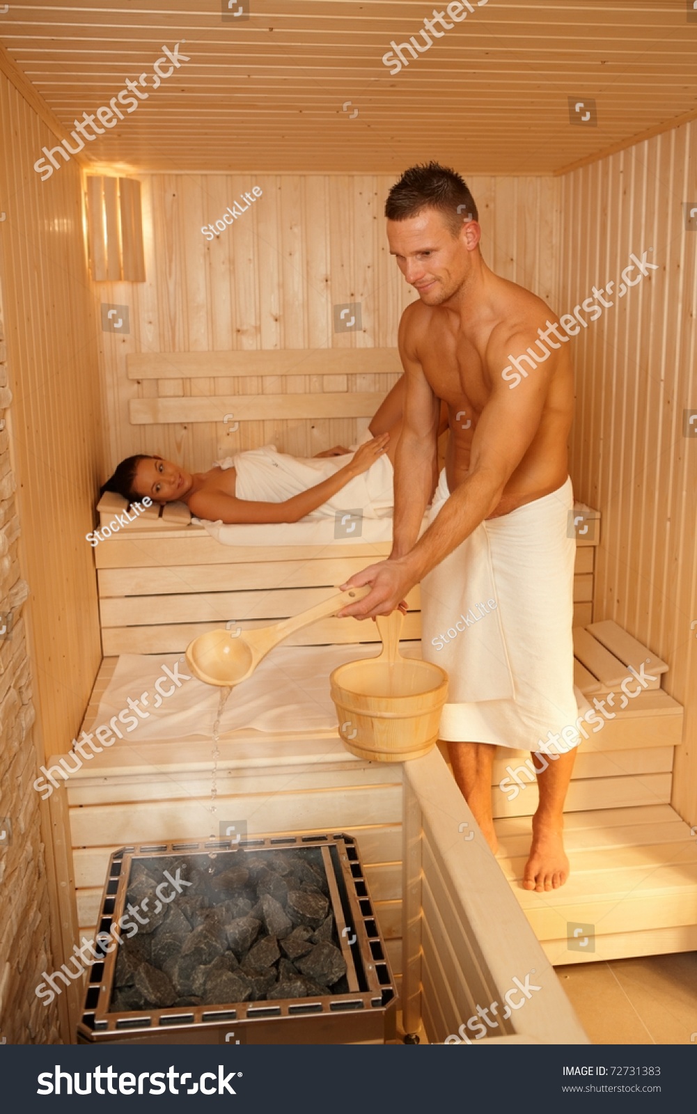 Couple Using Sauna Man Making Steam Stock Photo Edit Now