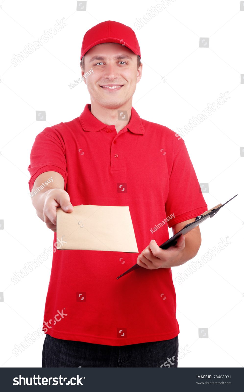 Courier In Red Uniform With A Tablet And A Letter Stock Photo 78408031 ...