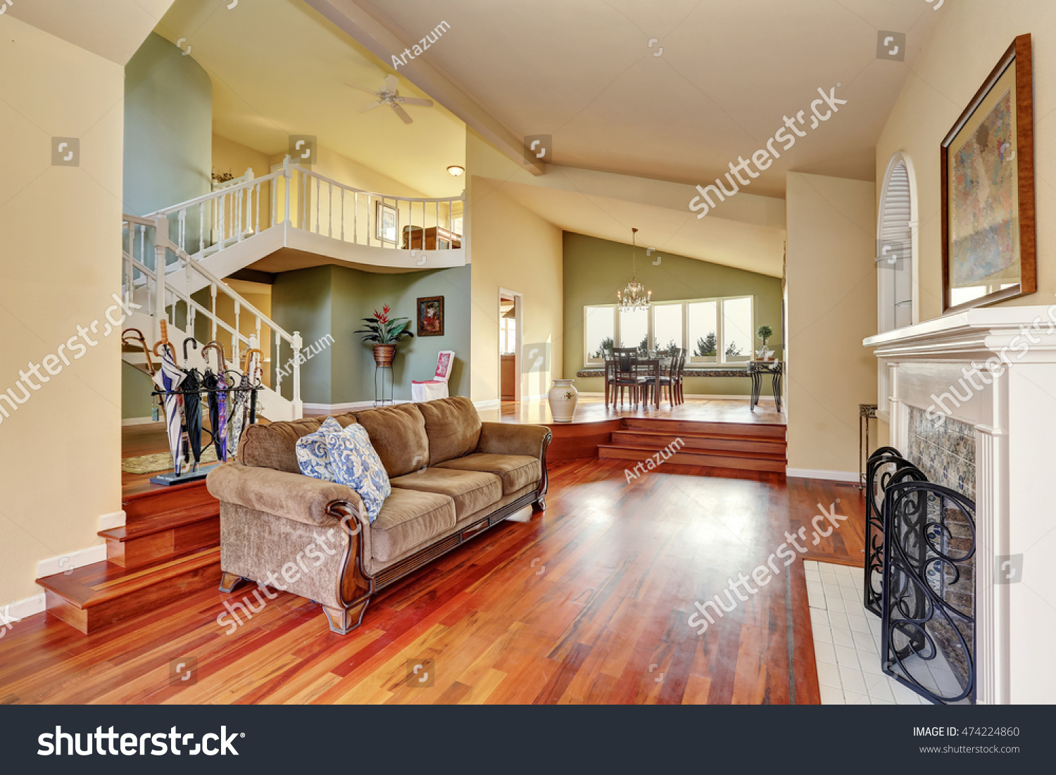 Craftsmanstyle Family Room Brown Sofa Fireplace Royalty Free