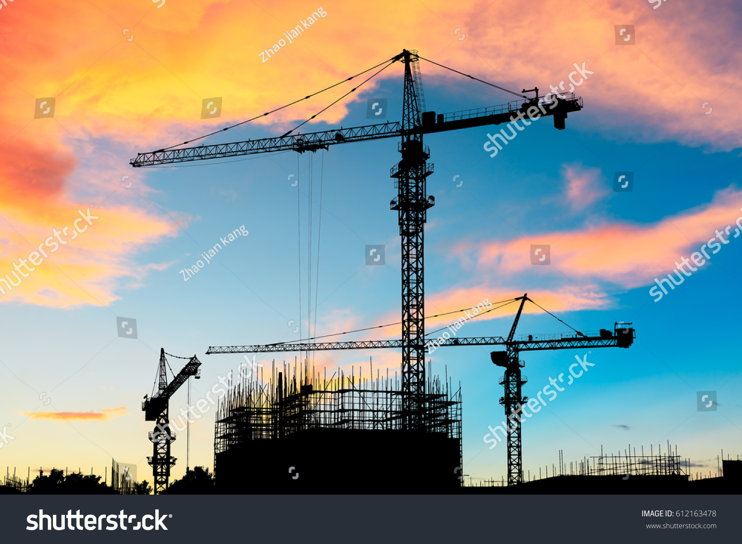 Crane Building Construction Site Sunset Stock Photo 612163478 ...