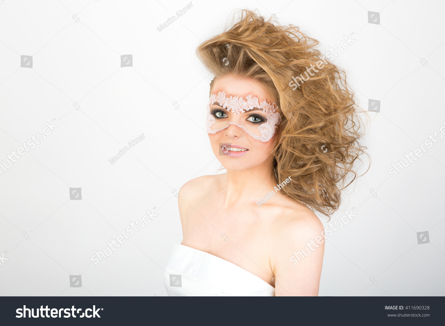 Crazy Hairstyle White Lace Mask On Stock Photo Edit Now 411690328