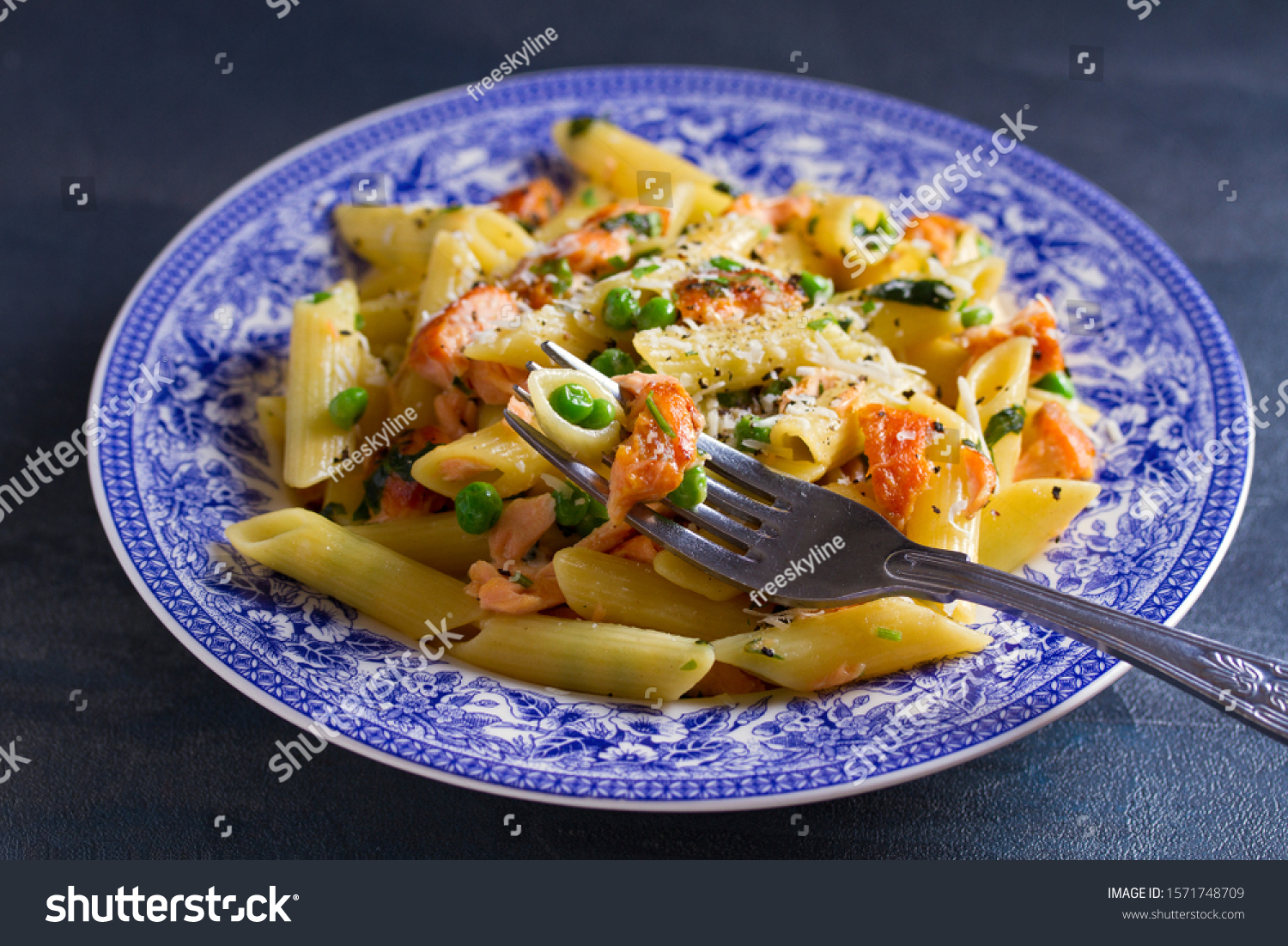 Creamy Salmon Penne Pasta Green Peas Food And Drink Stock Image 1571748709