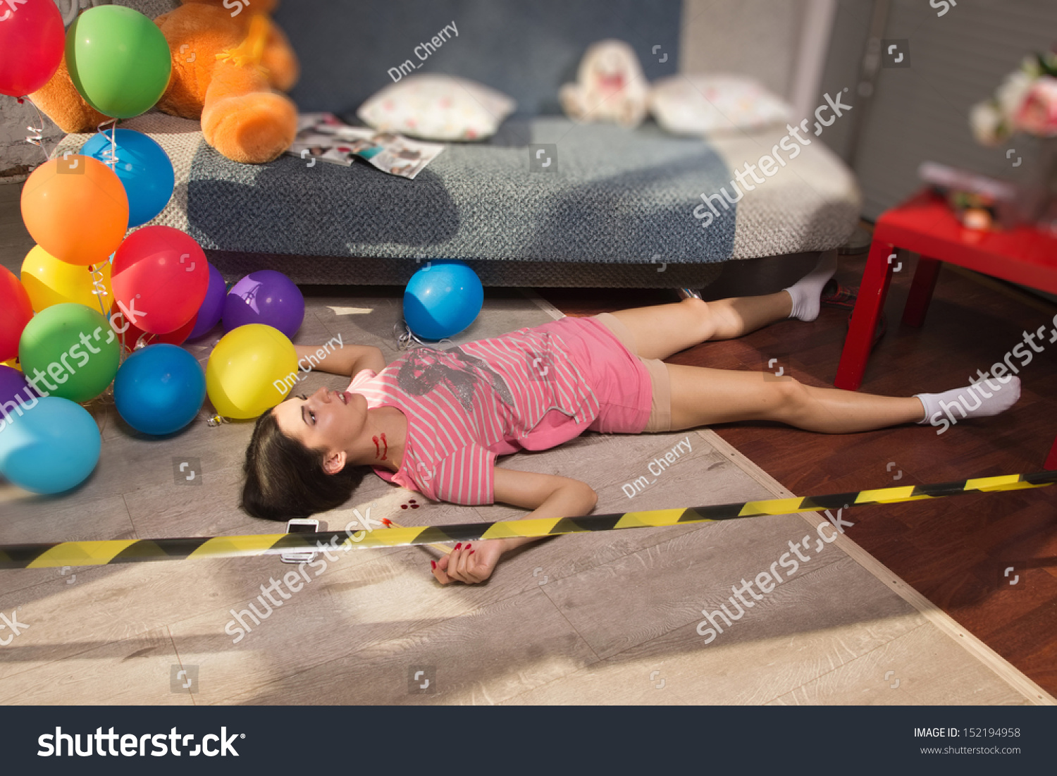 Photo De Stock Crime Scene Imitation Lifeless Woman Lying