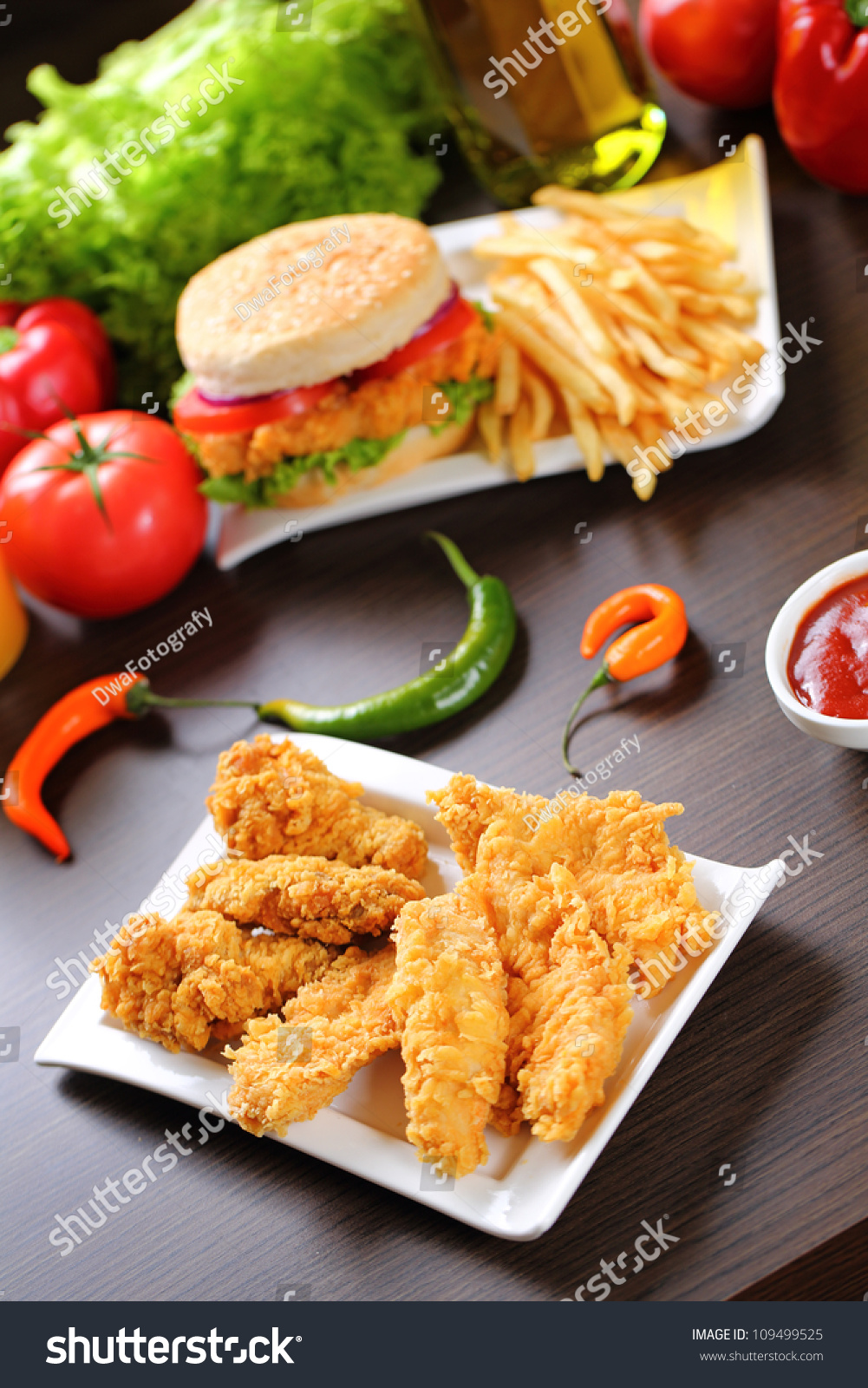 Crispy Chicken, Burger And French Fries. Stock Photo 109499525 ...